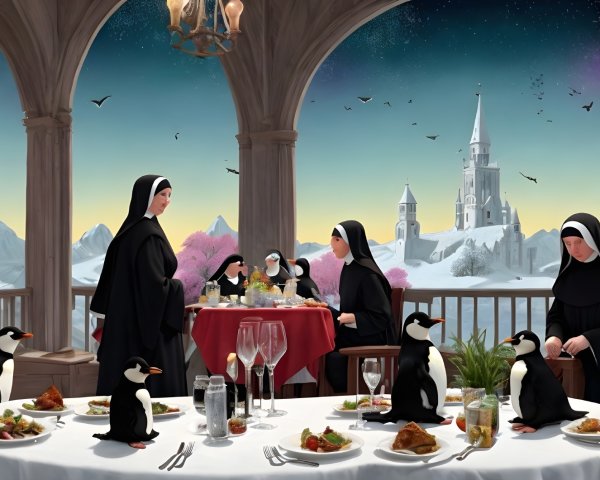 Nuns Dining with Penguins in a Fairytale Setting