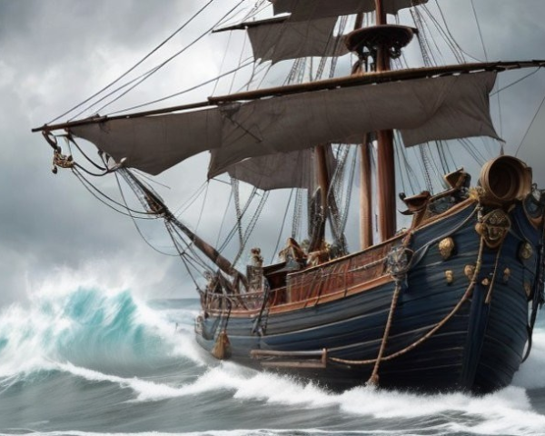 Old Sailing Ship in Stormy Seas with Dark Clouds