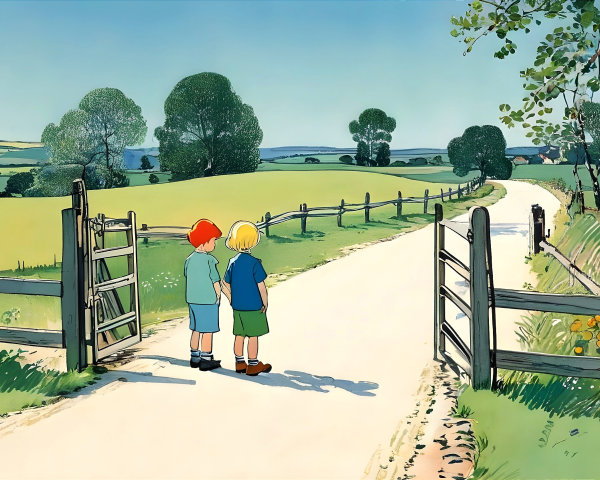 Children at a Wooden Gate Overlooking a Green Path