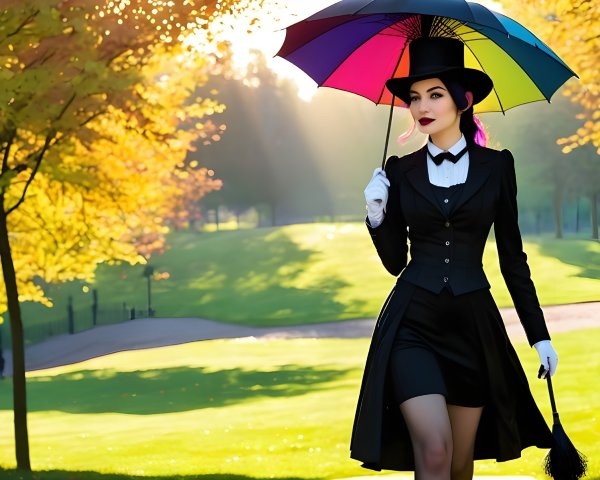 Elegant Woman in Tuxedo with Multicolored Umbrella