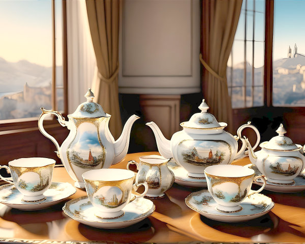 Elegant Porcelain Tea Set on Wooden Table with Views