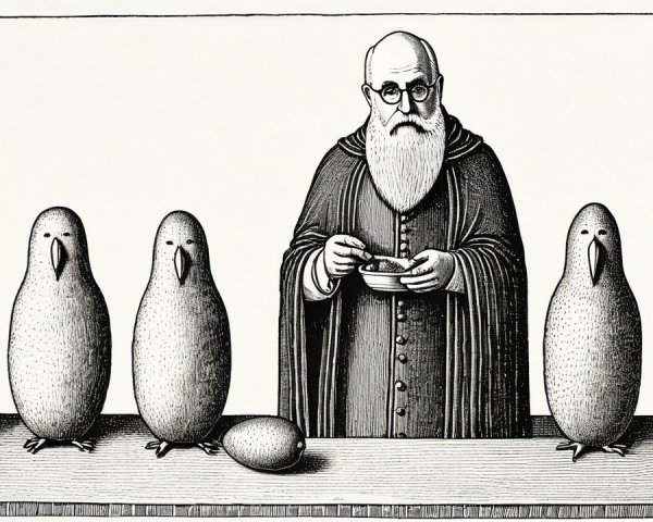 Sepia-toned illustration of flightless aquatic birds