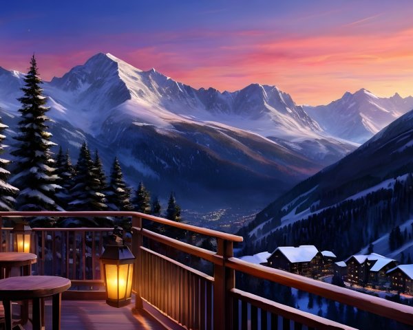 Mountain Landscape at Dusk with Snow-Capped Peaks