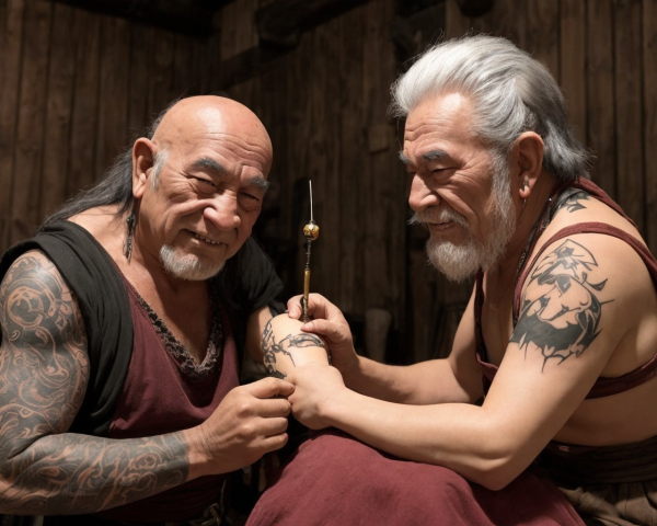 Elderly Men with Tattoos in Rustic Wooden Room