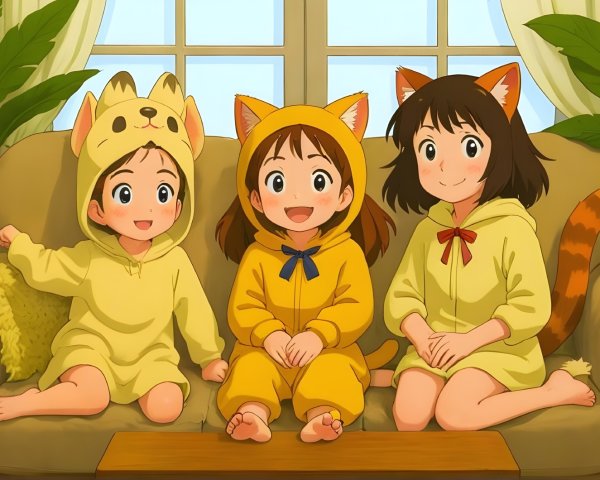 Cheerful Children in Animal-Themed Outfits on Sofa
