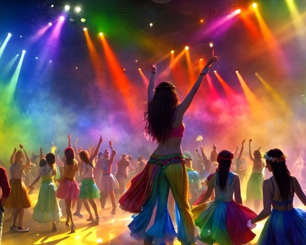 Vibrant Dance Party Scene with Colorful Lights and Smoke
