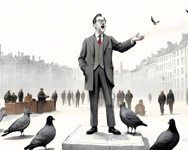 Man on Pedestal Speaking in Foggy Urban Square