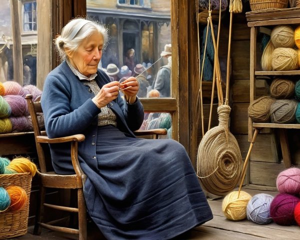 Elderly Woman Knitting in Cozy Yarn Shop Setting
