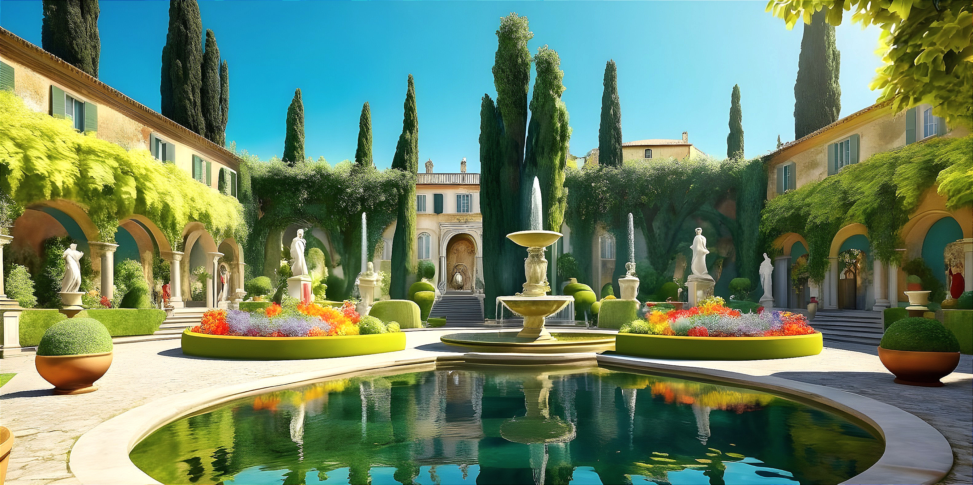 Serene Courtyard with Lush Greenery and Fountain