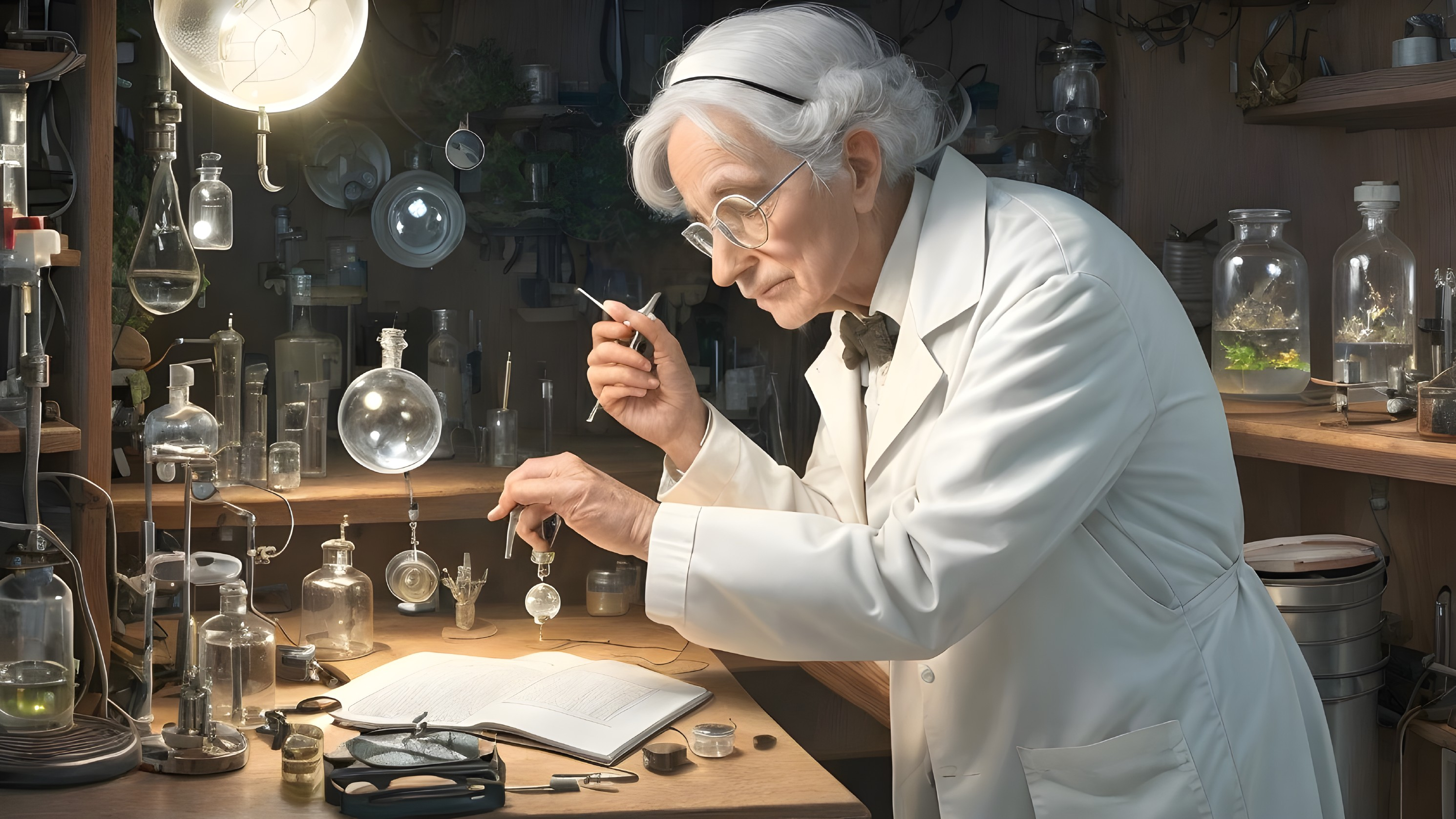 Elderly Scientist Conducting Experiment in Dim Laboratory