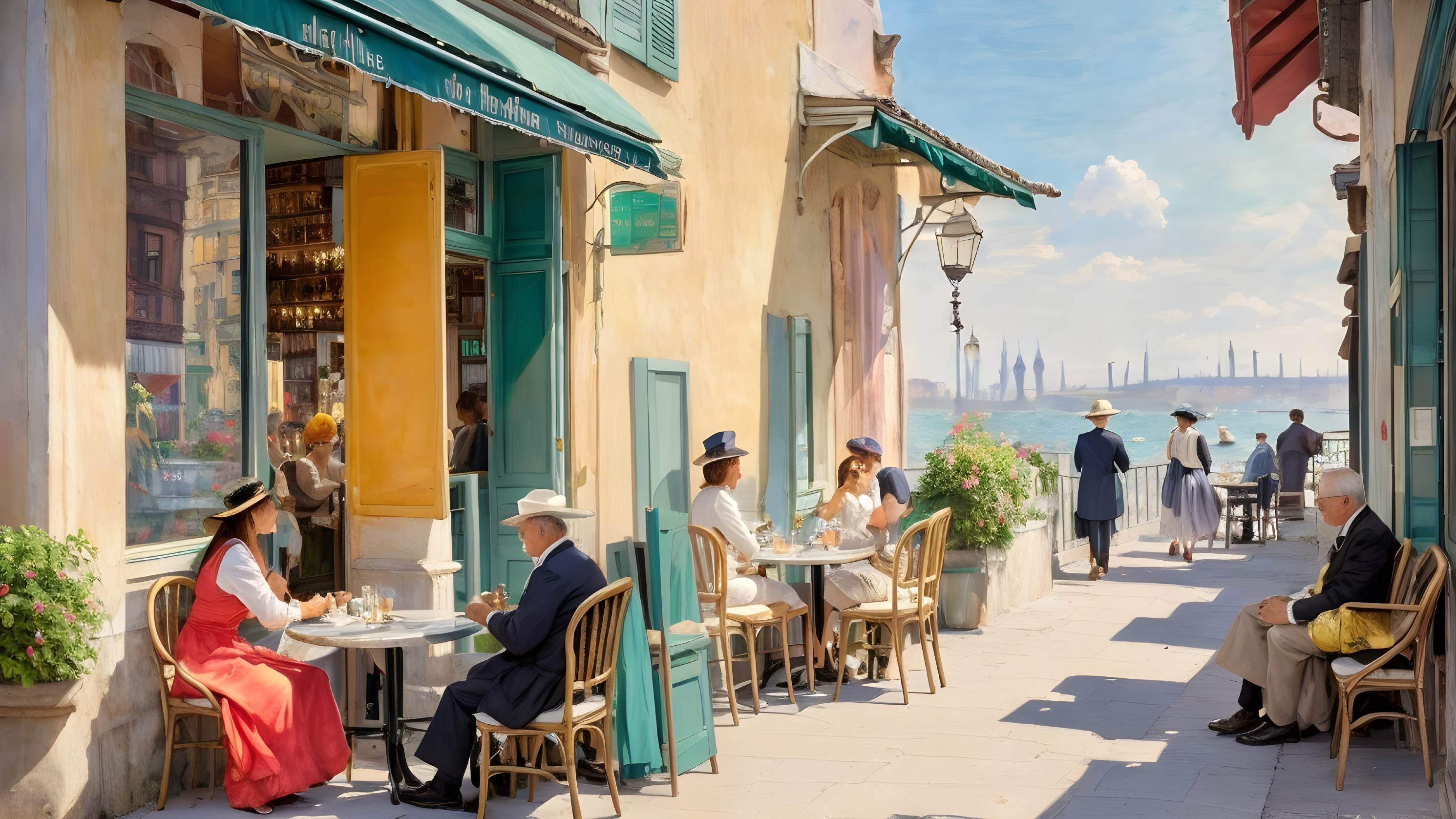 Coastal Café Scene with Patrons and City Skyline