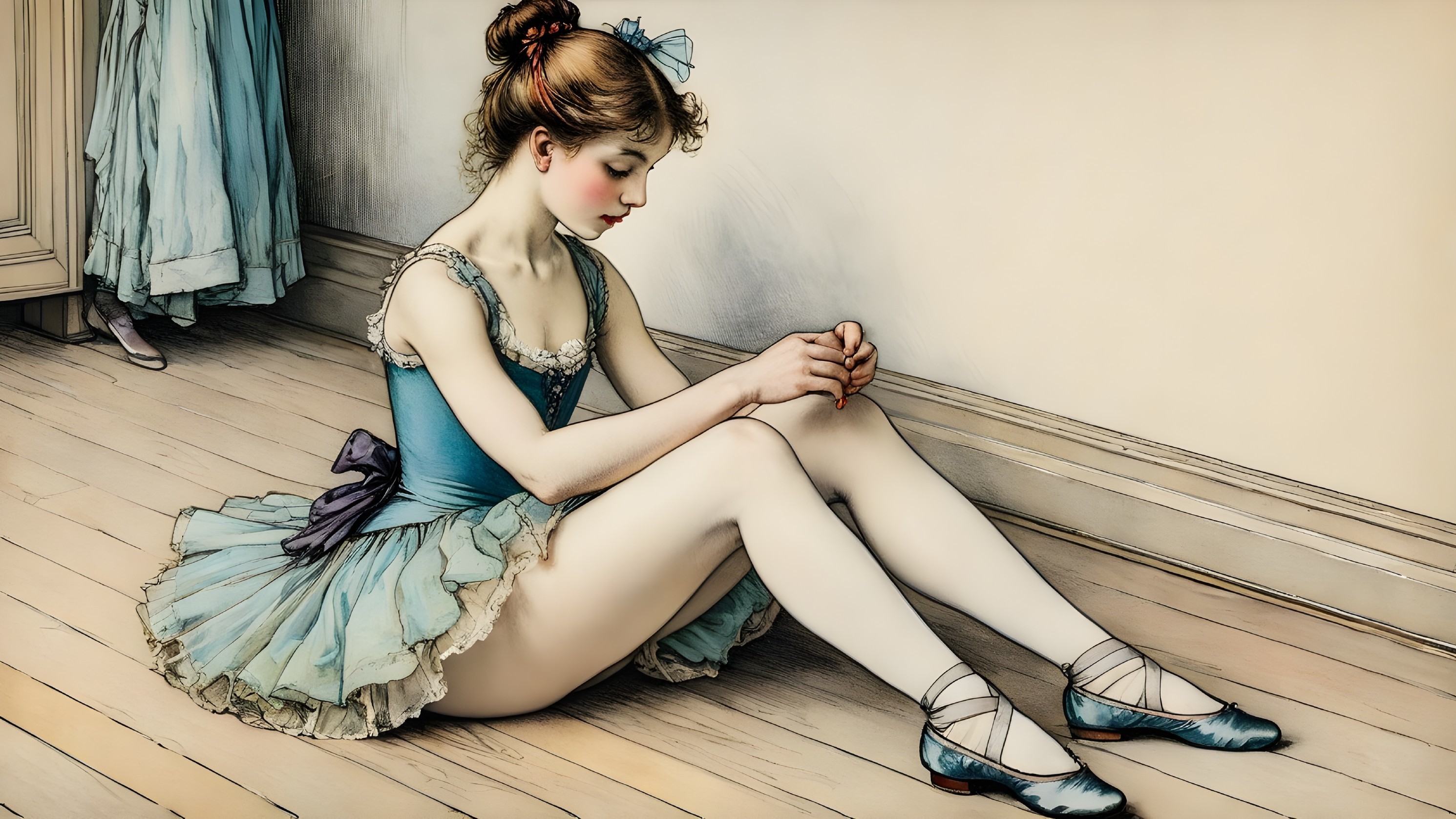 Young Ballerina in Blue Tutu on Wooden Floor