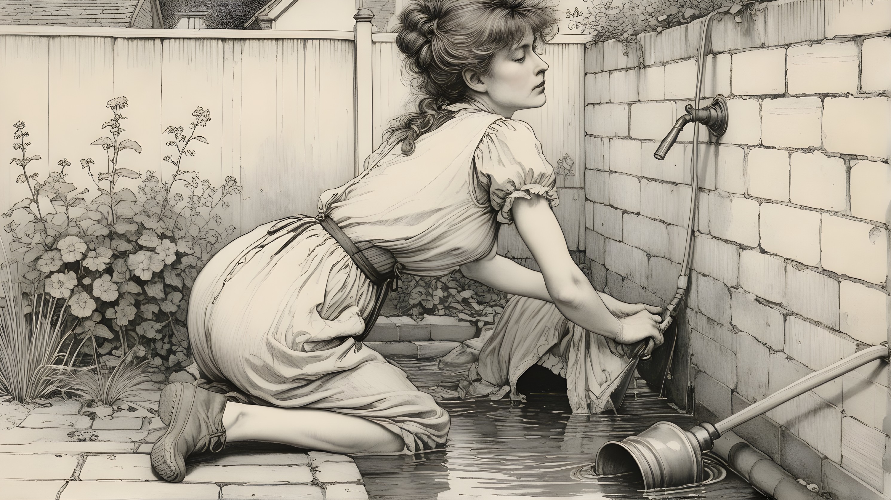 Vintage Dress Woman in Garden with Water and Greenery