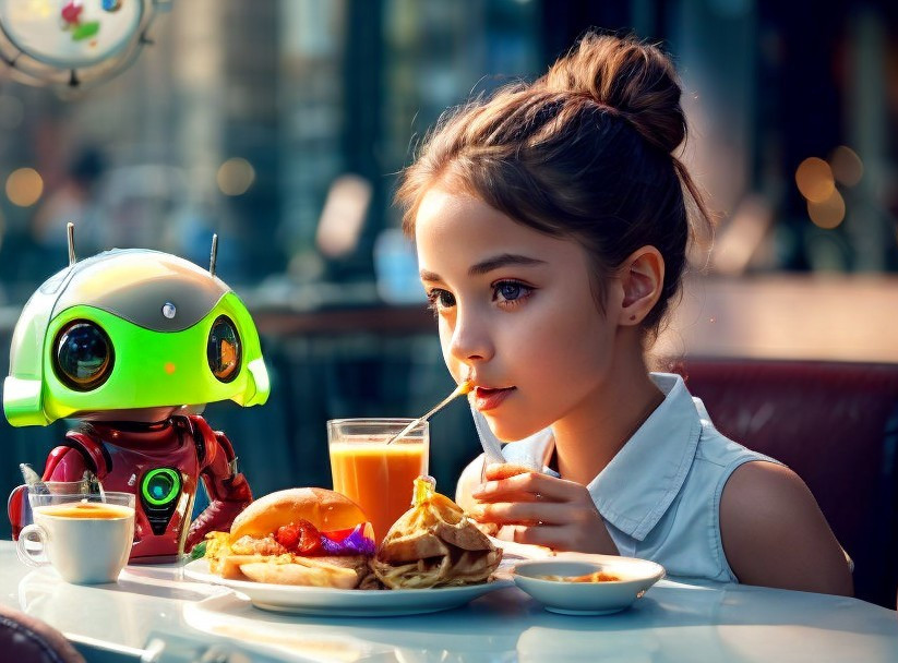 Futuristic Café Scene with Girl and Friendly Robot