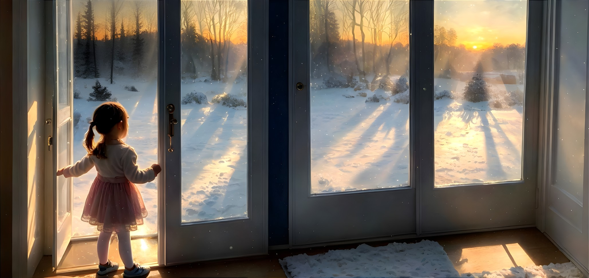 Child Observing a Winter Scene at Sunset