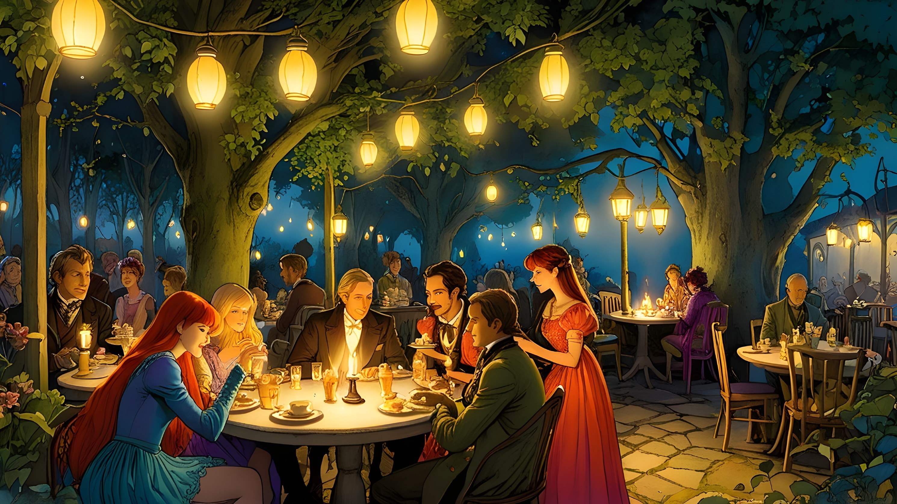 Elegant Outdoor Dining Scene Under Lanterns