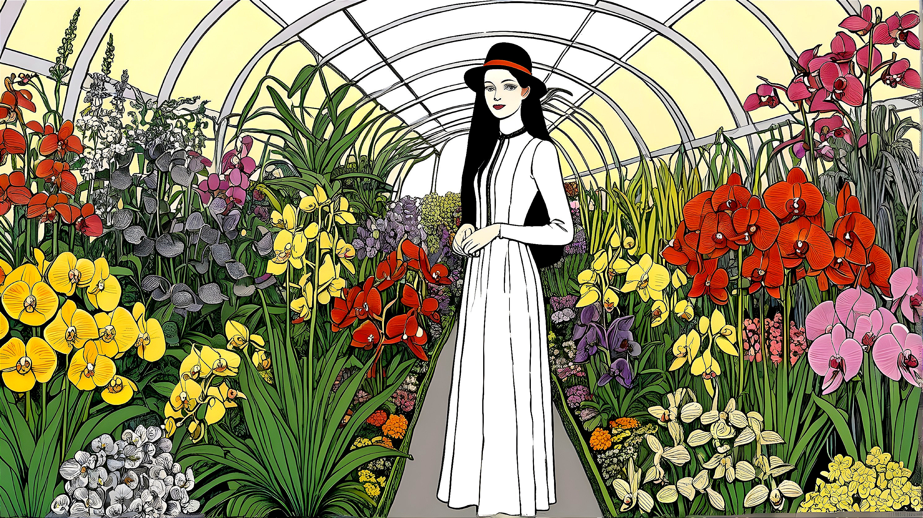 Woman in White Dress in Vibrant Greenhouse with Orchids