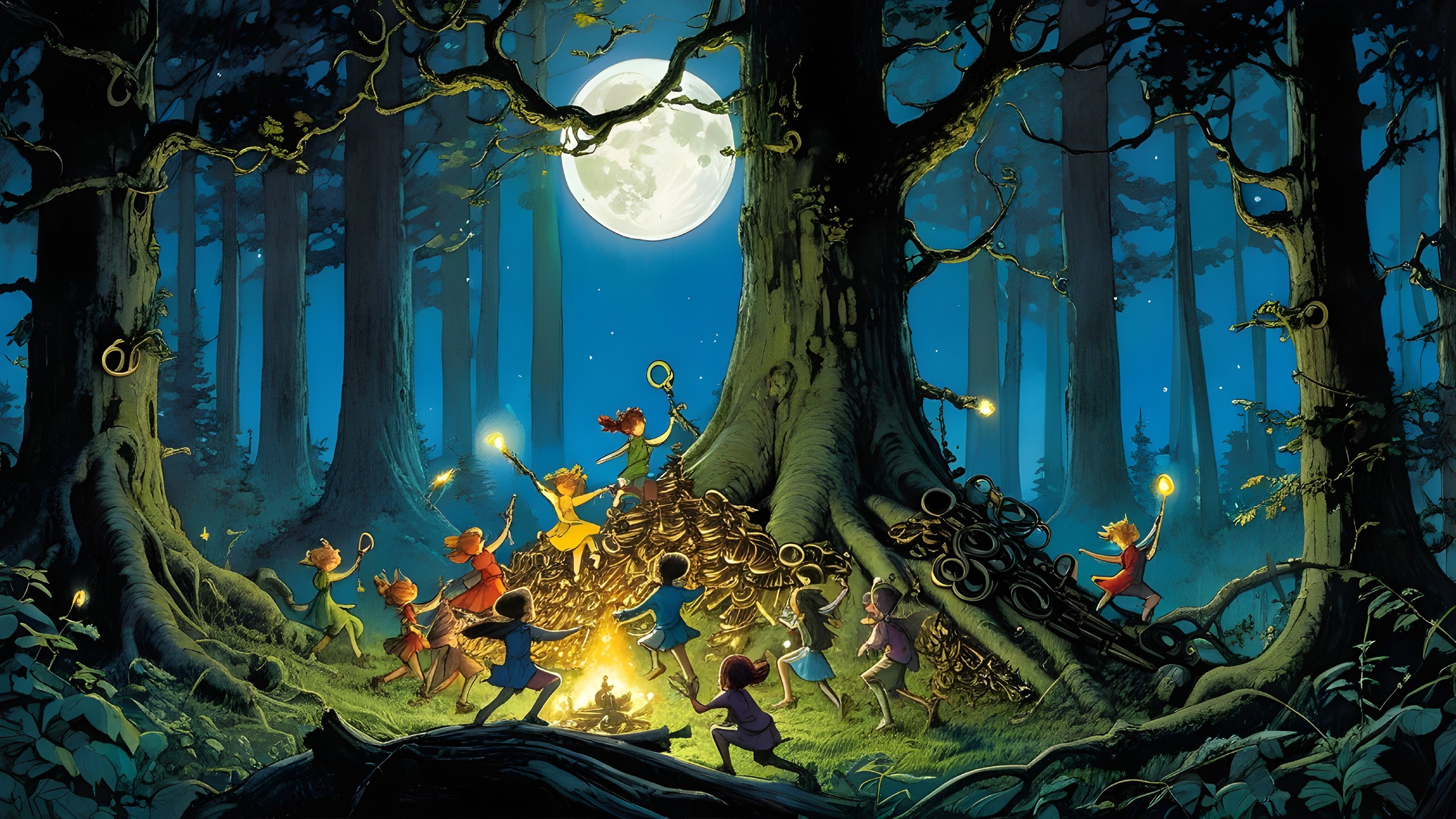 Children Celebrating in a Mystical Moonlit Forest
