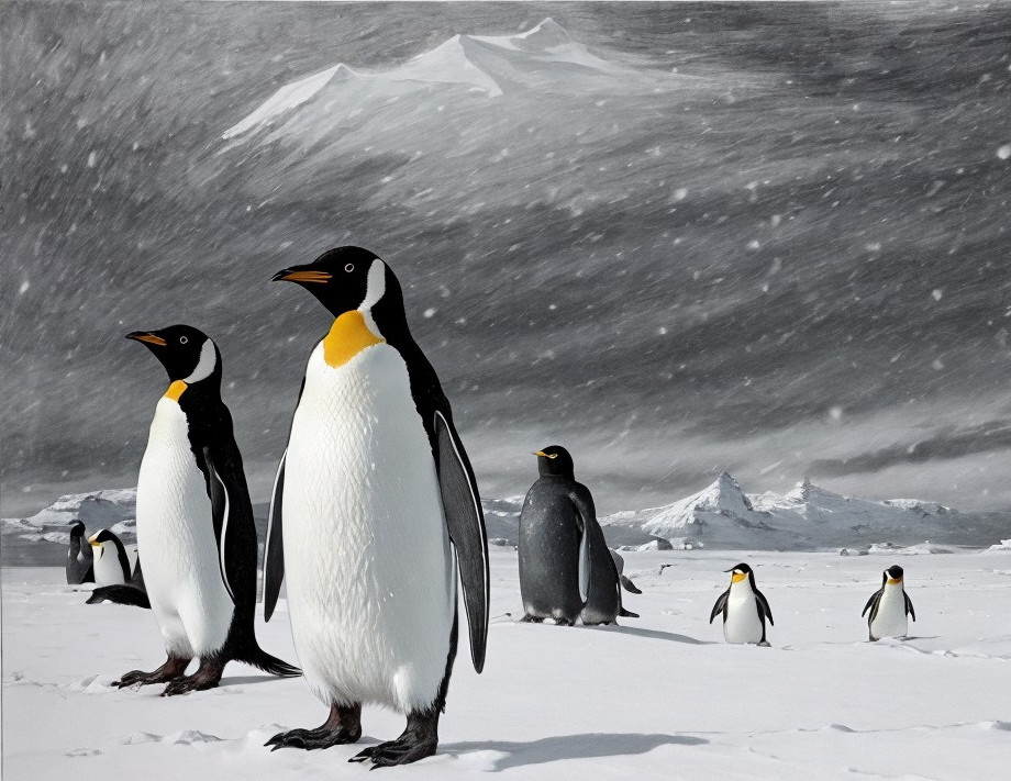 Emperor Penguins in Snowy Landscape with Mountains