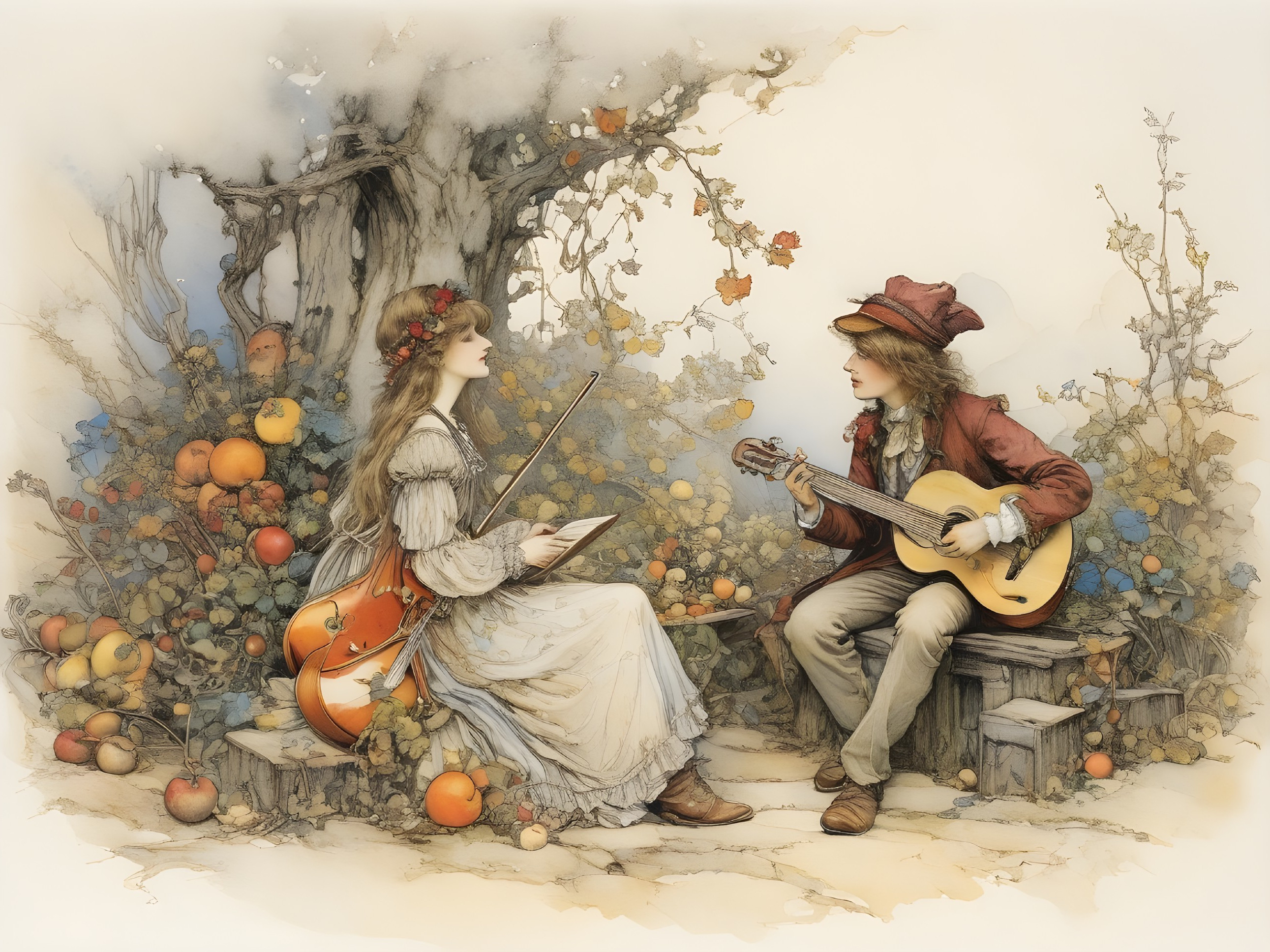 Autumn Scene with Young Musicians and Nature Elements