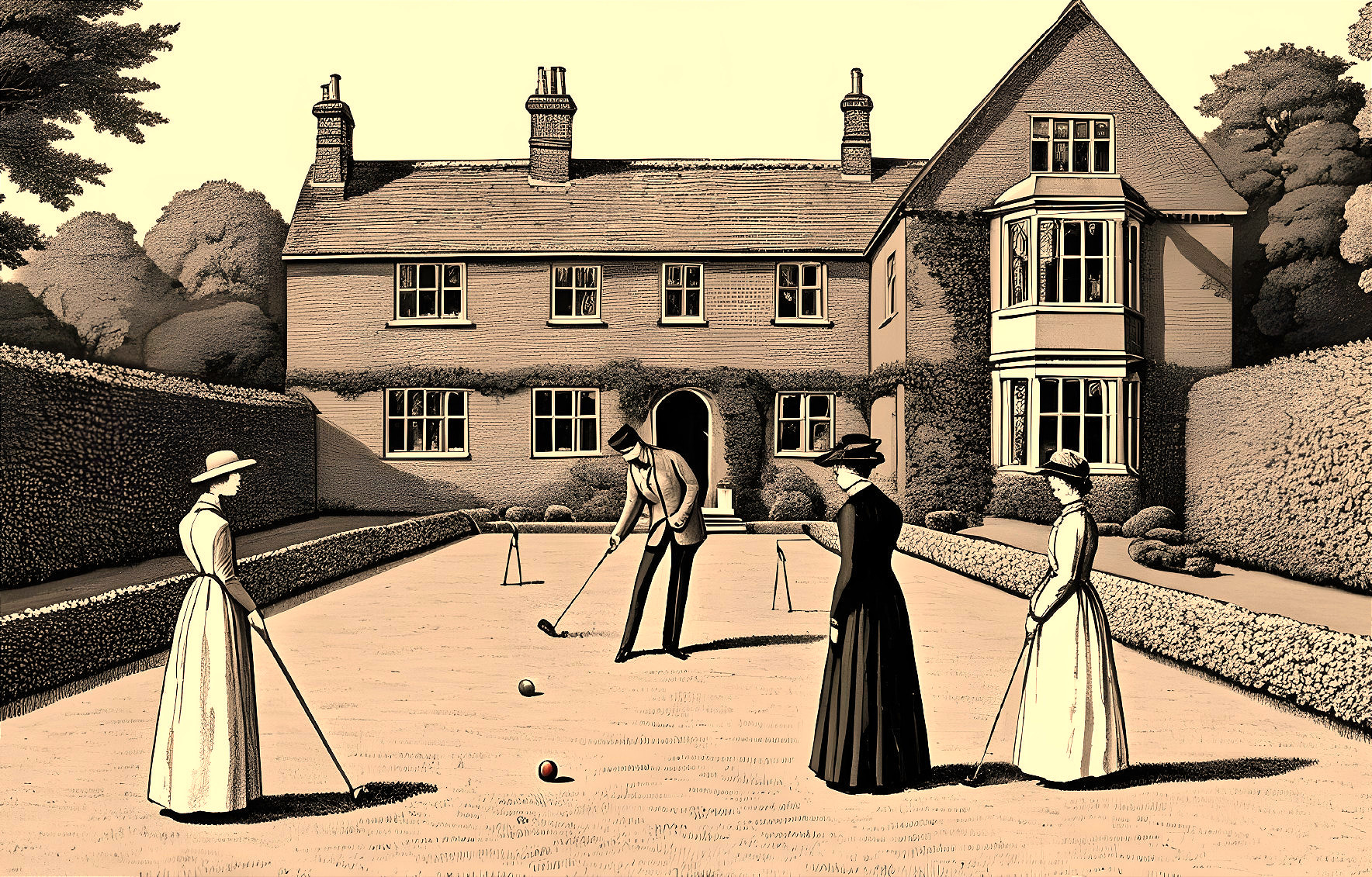 Serene Croquet Scene in Front of Stately Home