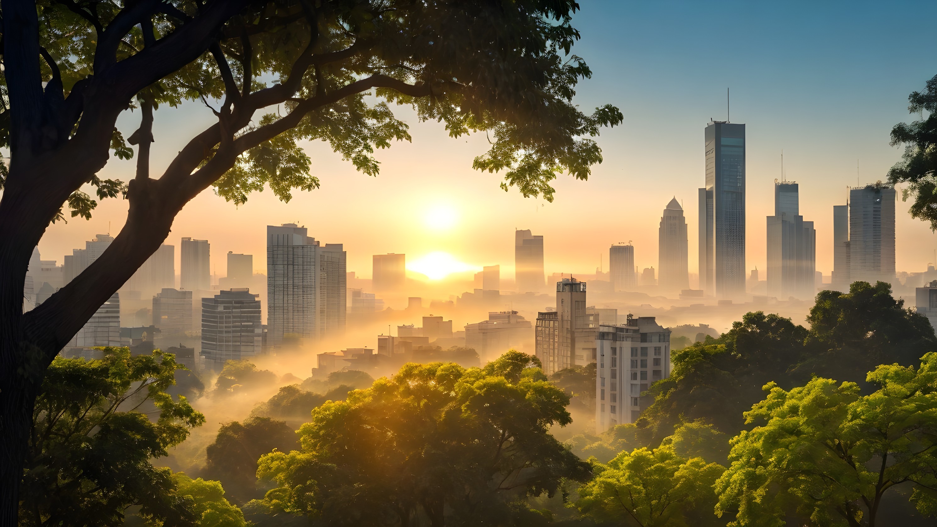 Dawn Skyline with Skyscrapers and Lush Green Trees