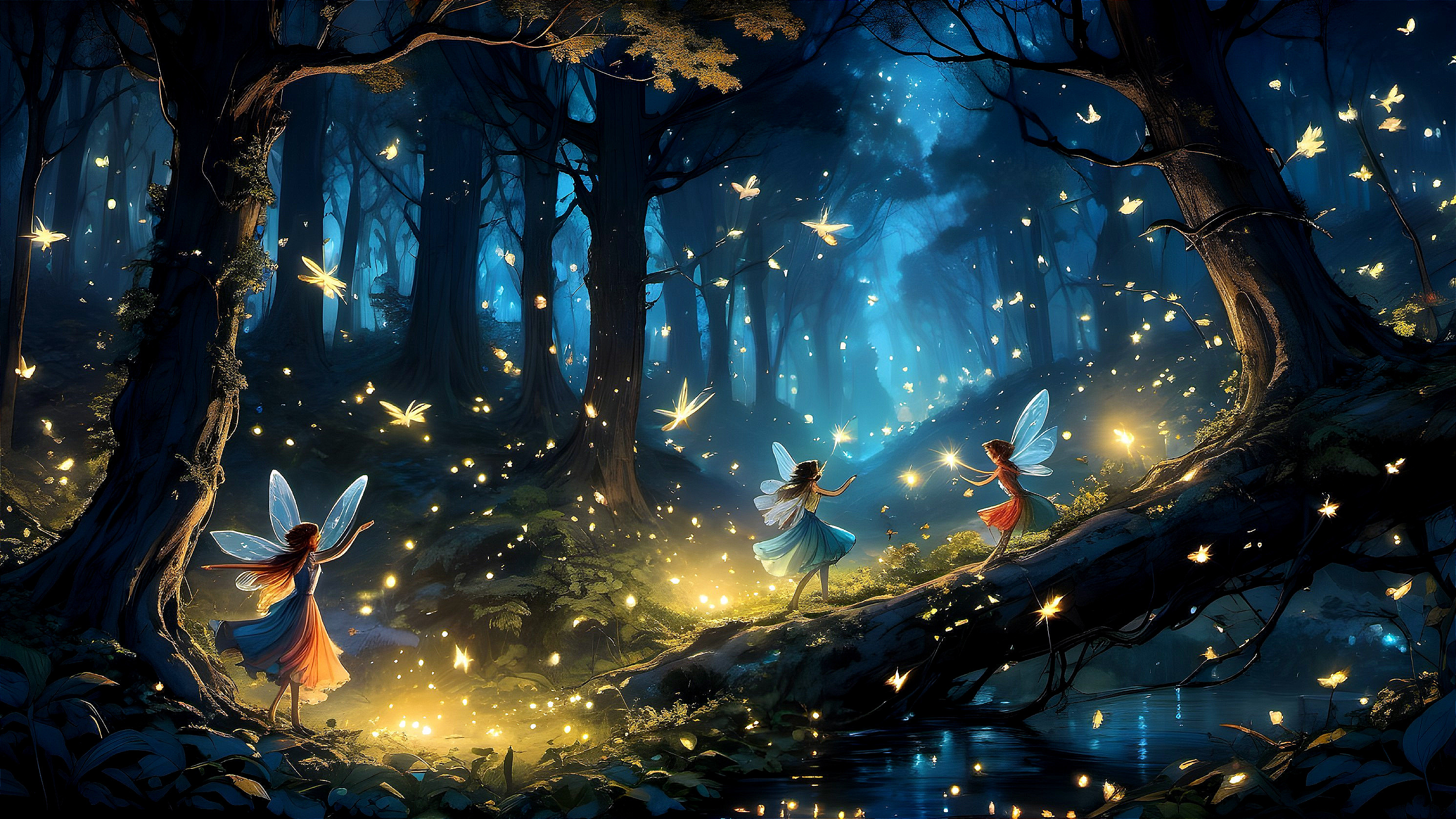 Fairies Dancing in a Moonlit Mystical Forest Scene