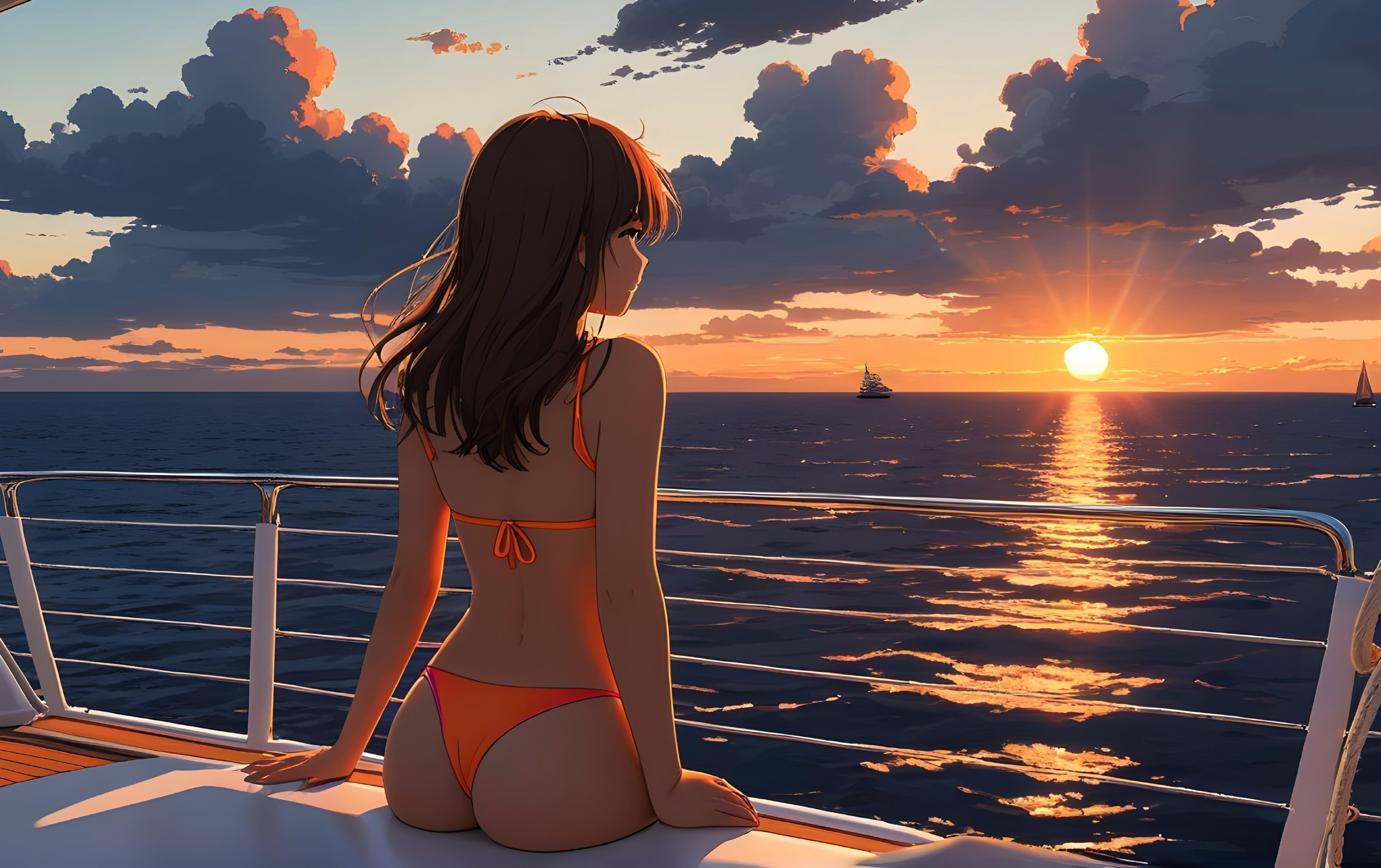 Young Woman in Bikini Enjoys Sunset on Yacht