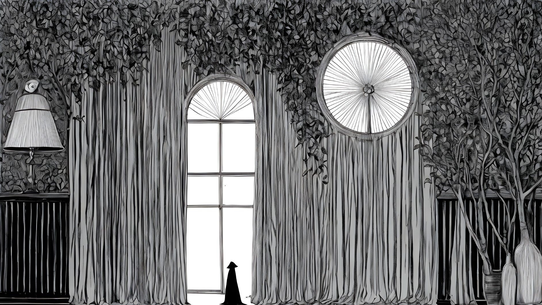 Monochromatic Room with Arched Windows and Greenery