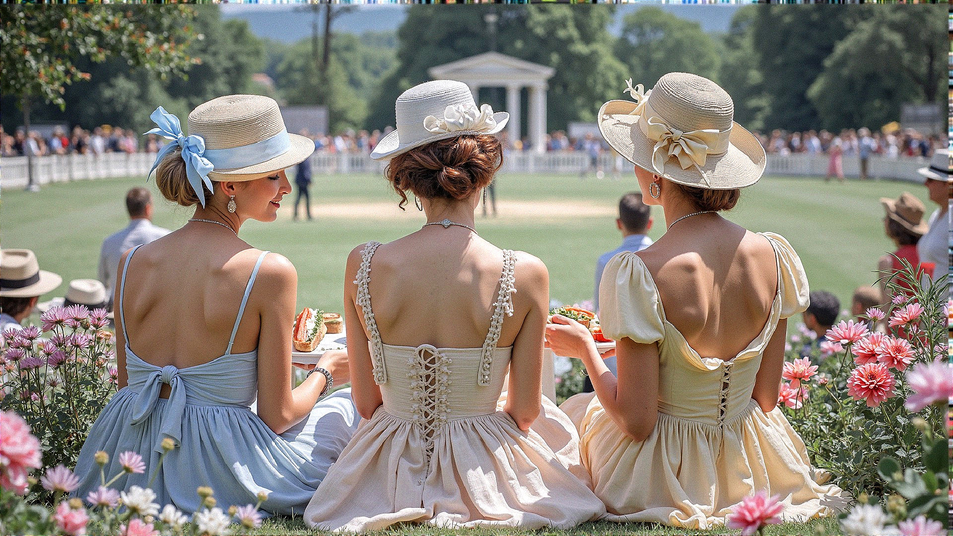 Elegant Women in Pastel Dresses at Vintage Event