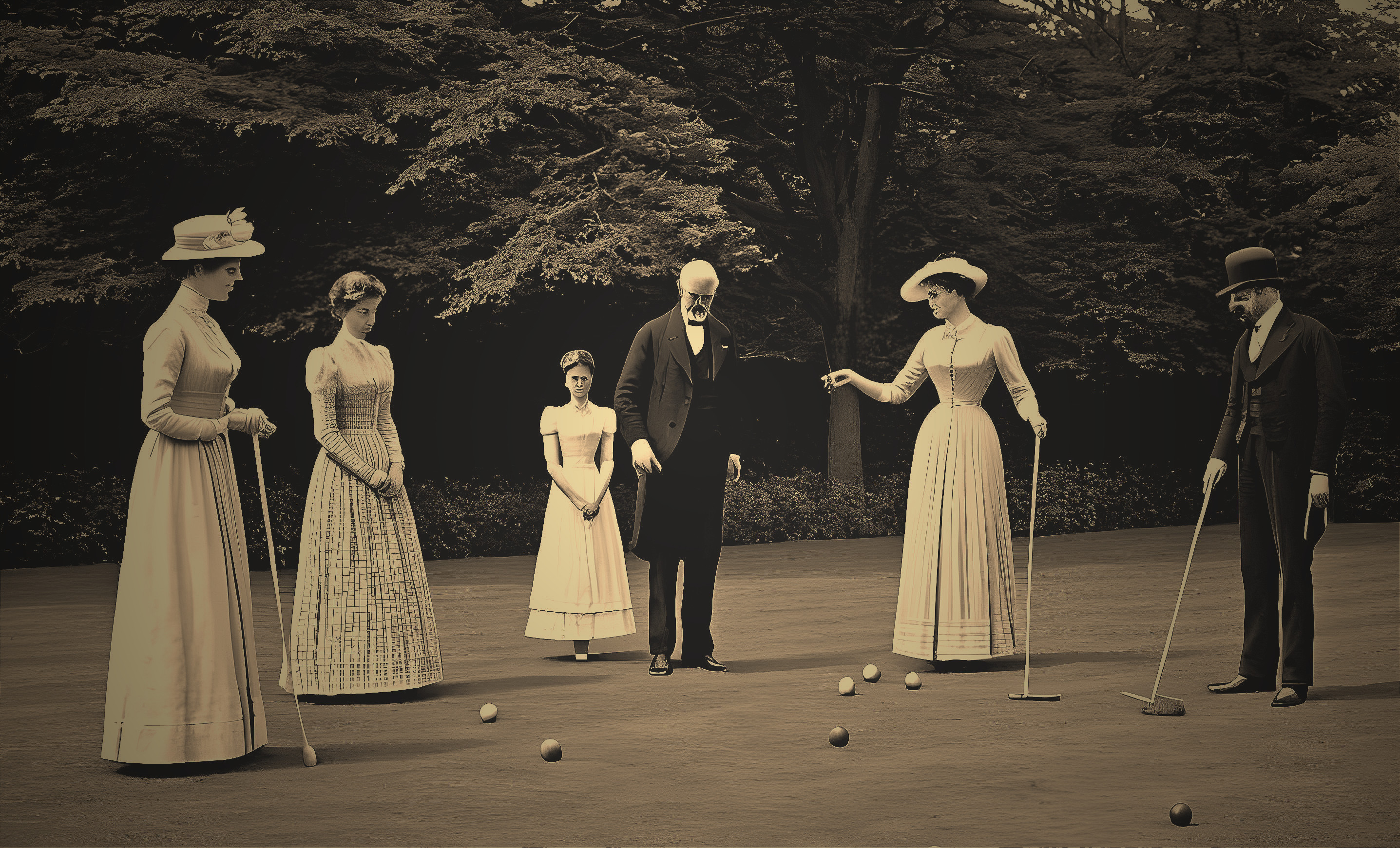 19th Century Elegantly Dressed Individuals Playing Croquet