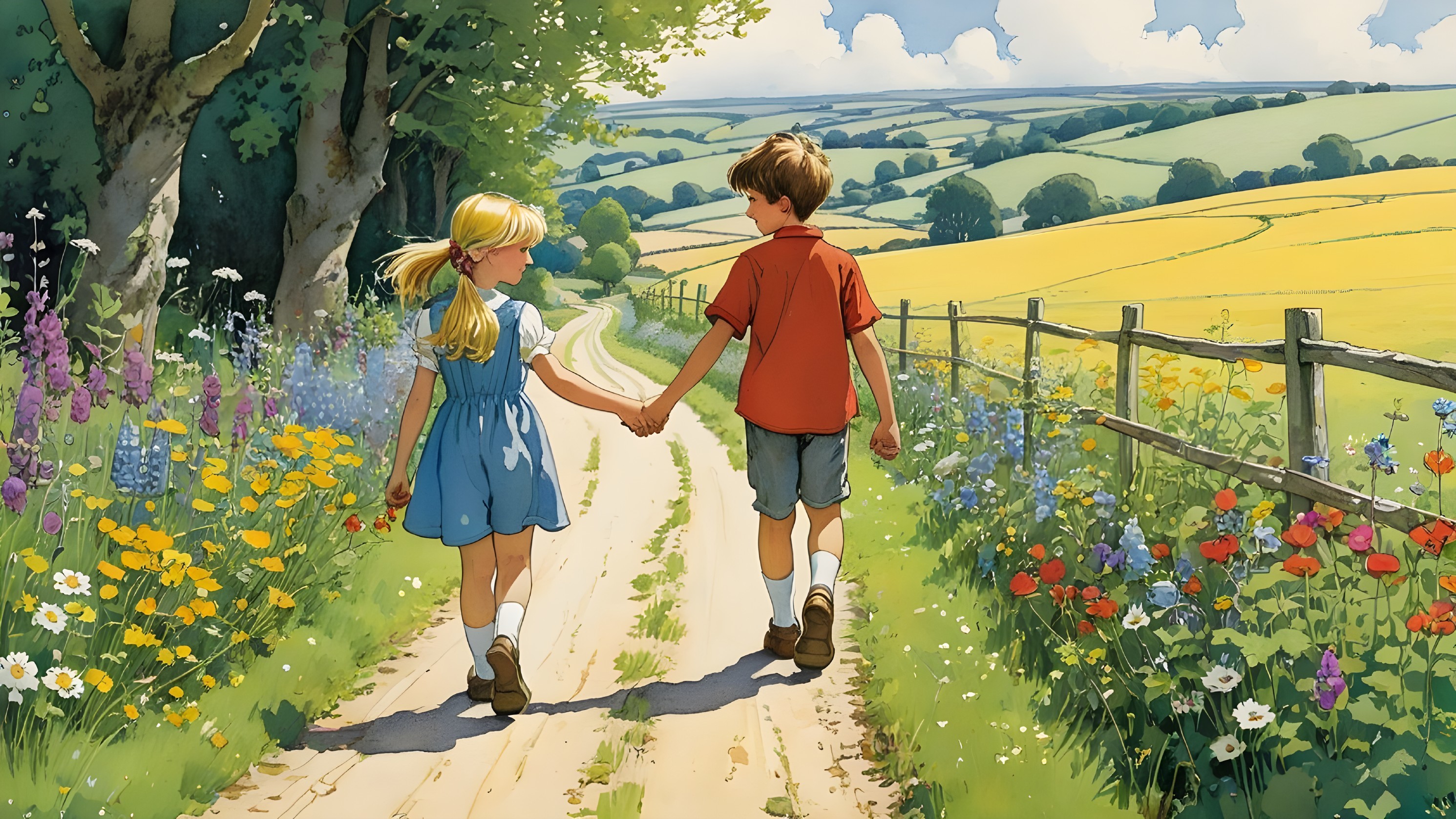 Children Walking on a Country Lane Surrounded by Nature