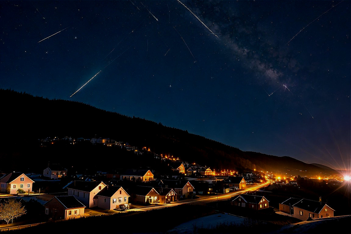 Night Landscape with Town, Stars, and Meteors