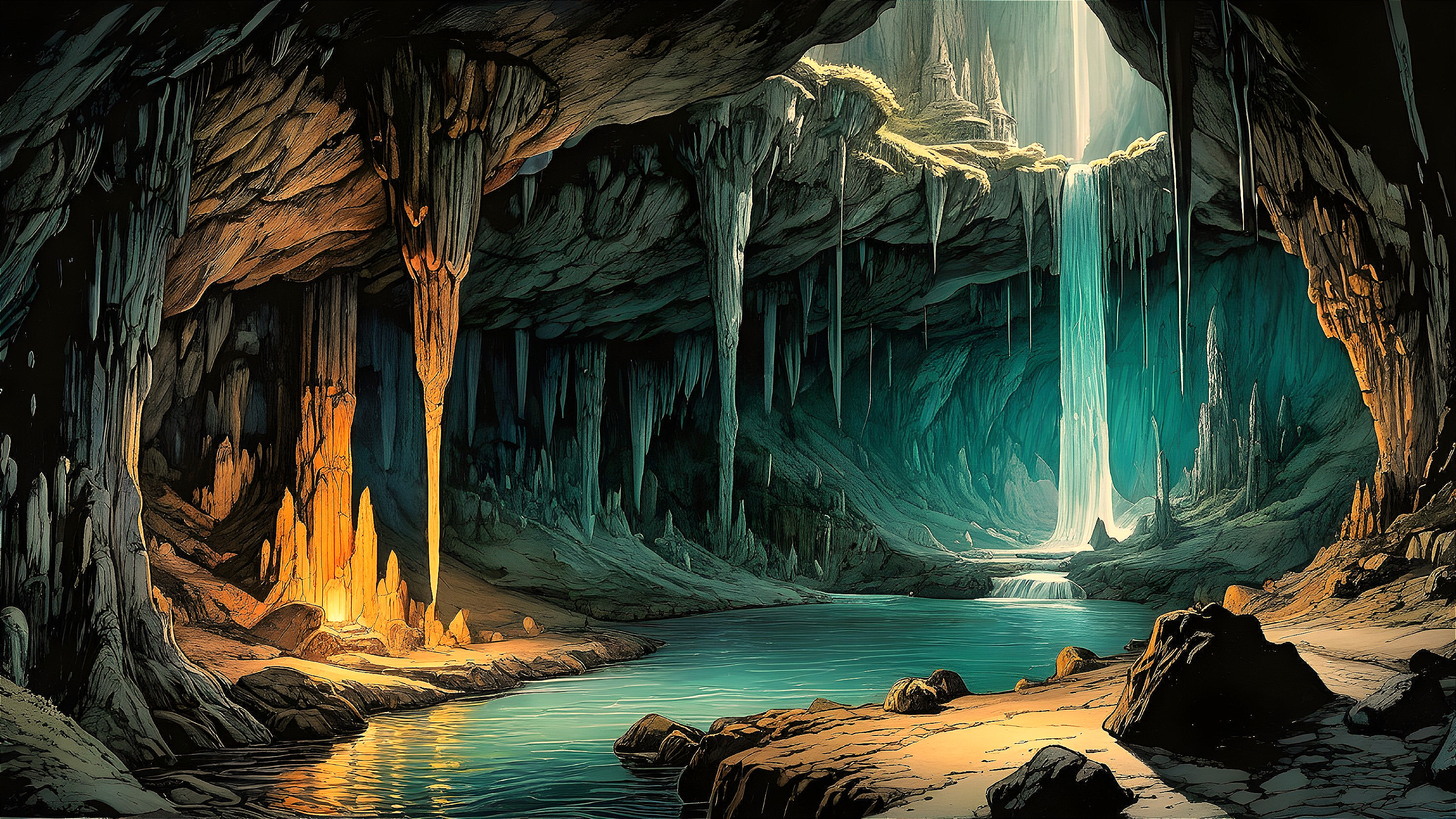 Underground Cavern with Stalactites and Glowing Crystals
