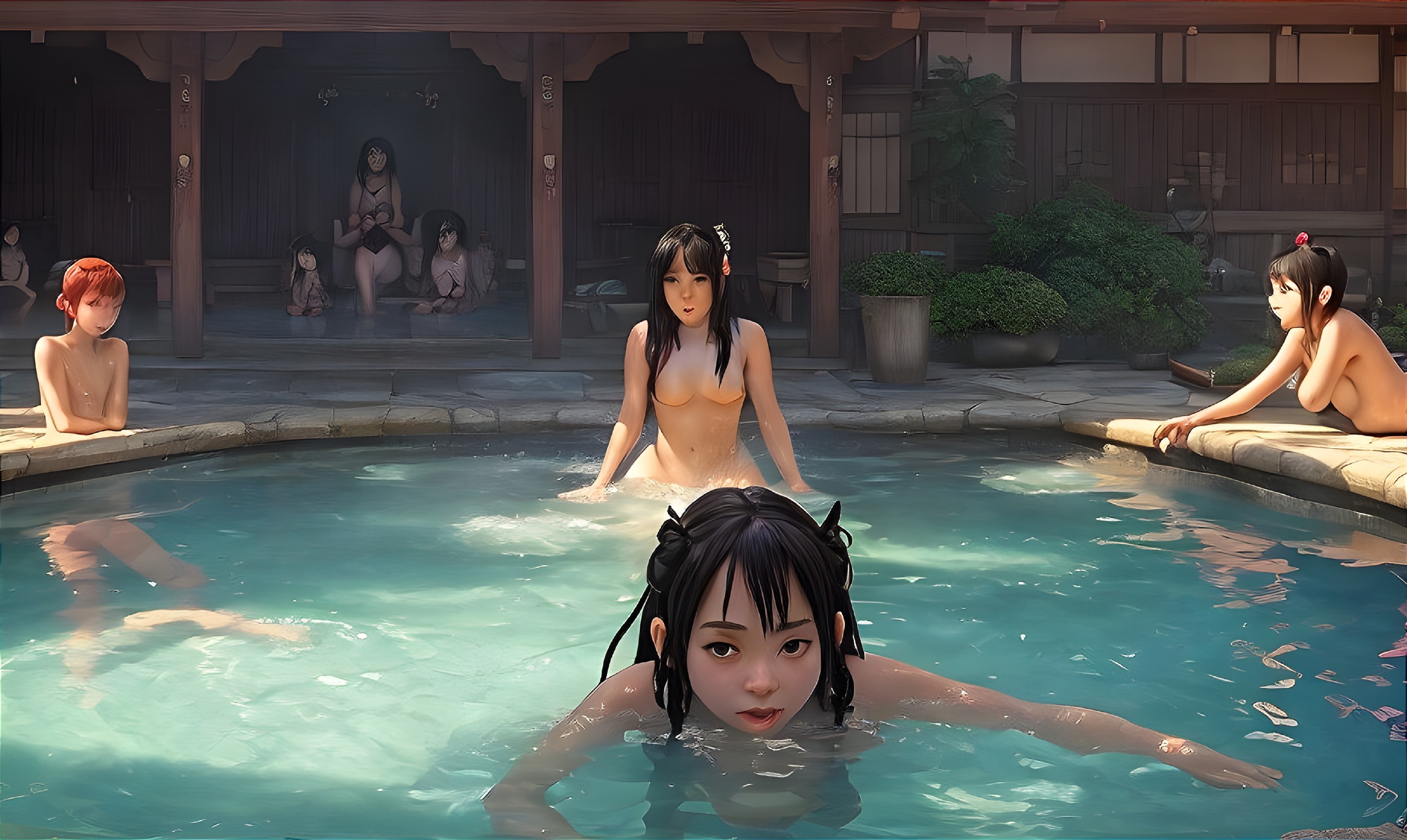 Tranquil Hot Spring Scene with Lush Greenery