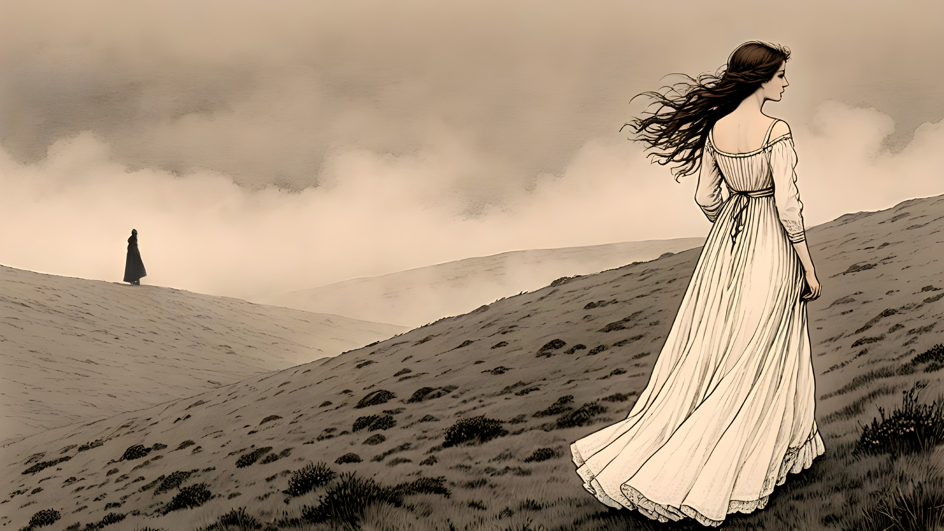 Misty Landscape with Young Woman in White Dress