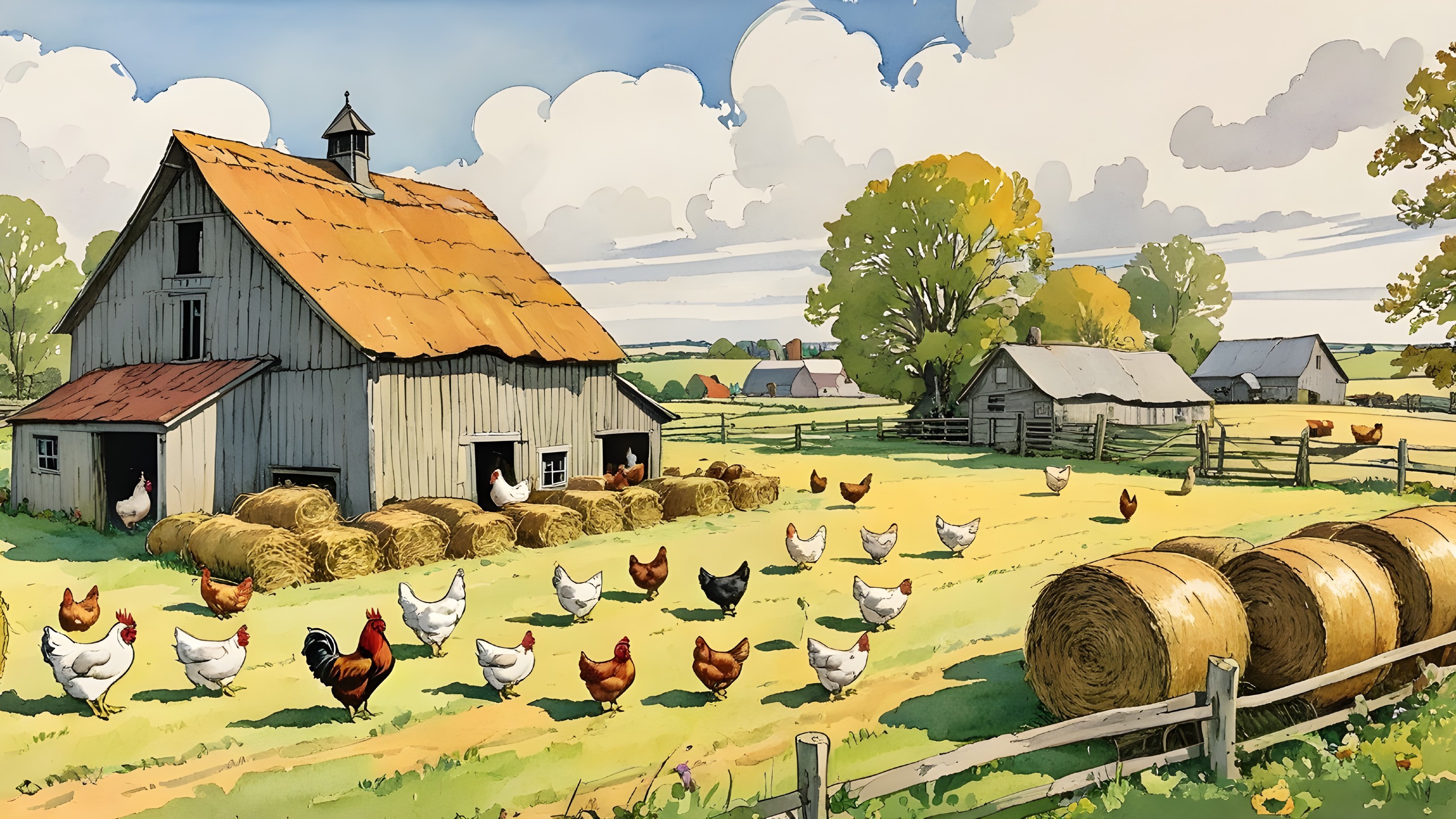 Rustic Farm Scene with Barns and Chickens in Pasture