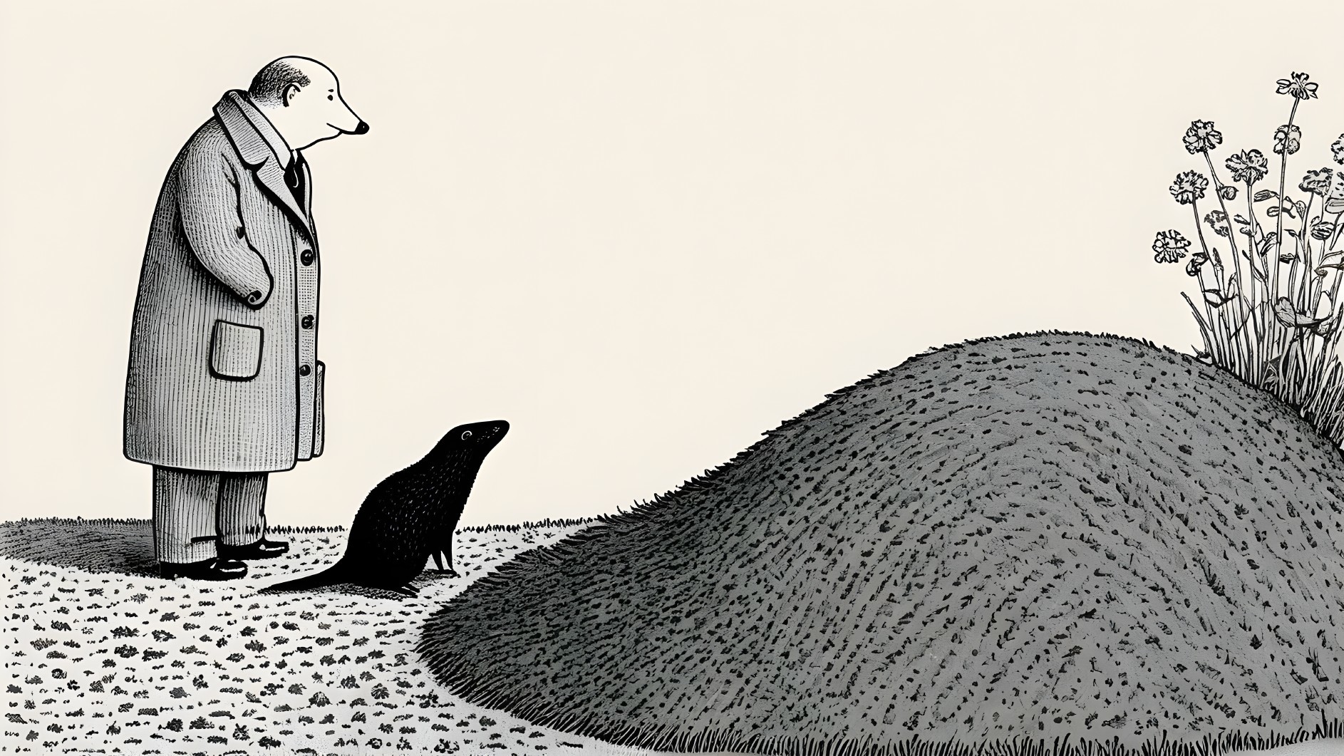 Whimsical Black-and-White Illustration of a Curious Scene