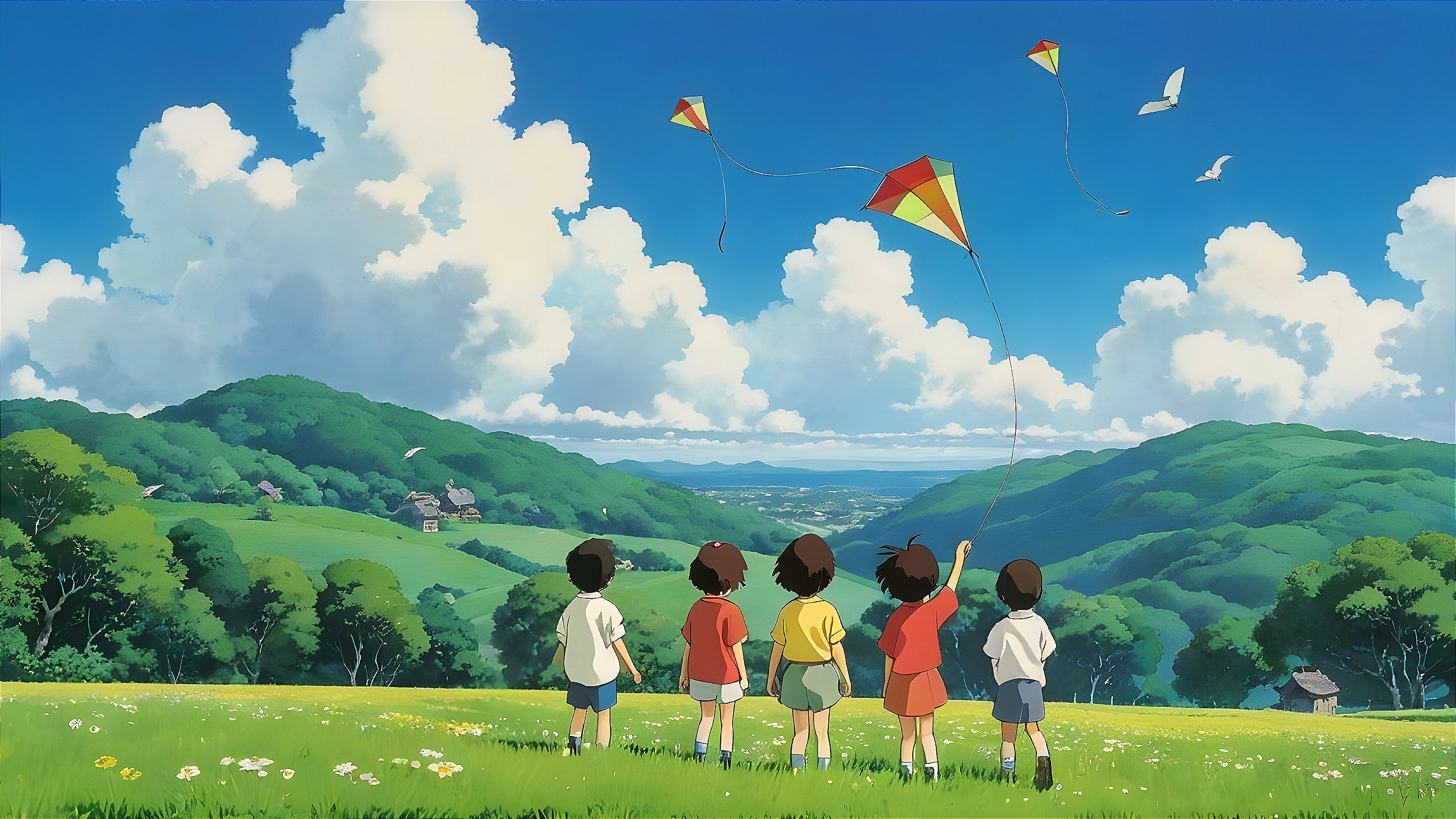 Children Flying Kites in a Green Field Under Blue Sky