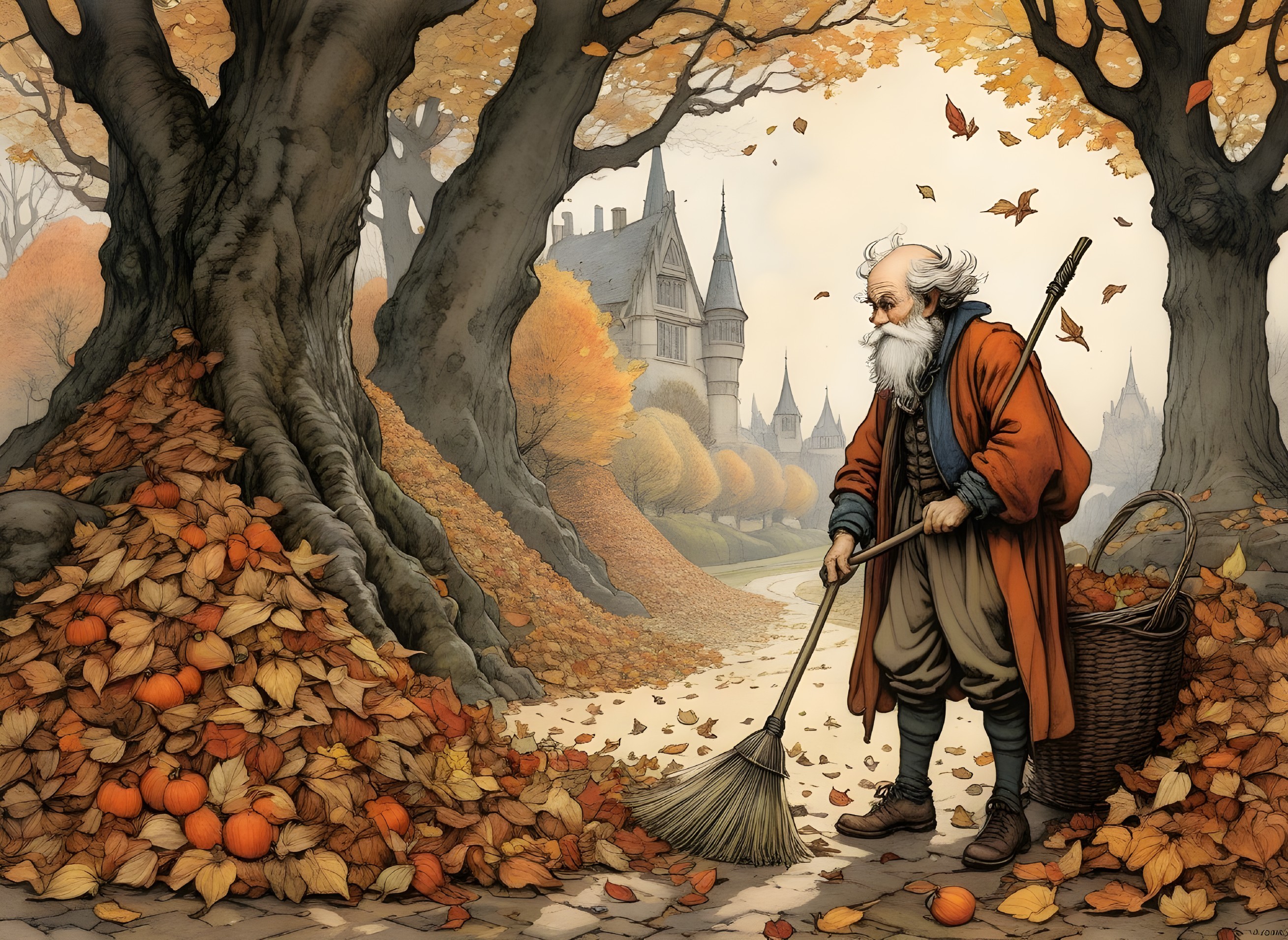 Elderly Man Sweeping Autumn Leaves Near Mansion