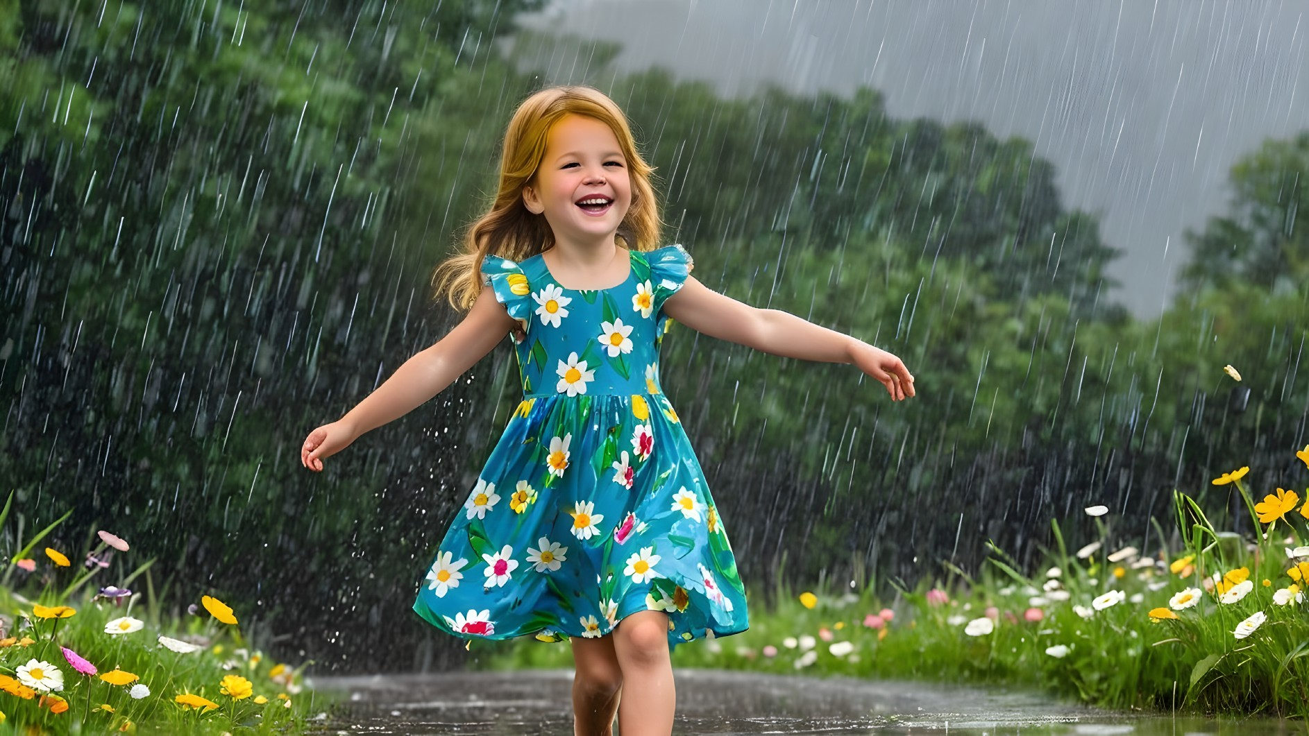 Young girl in blue dress runs on rain-soaked pathway