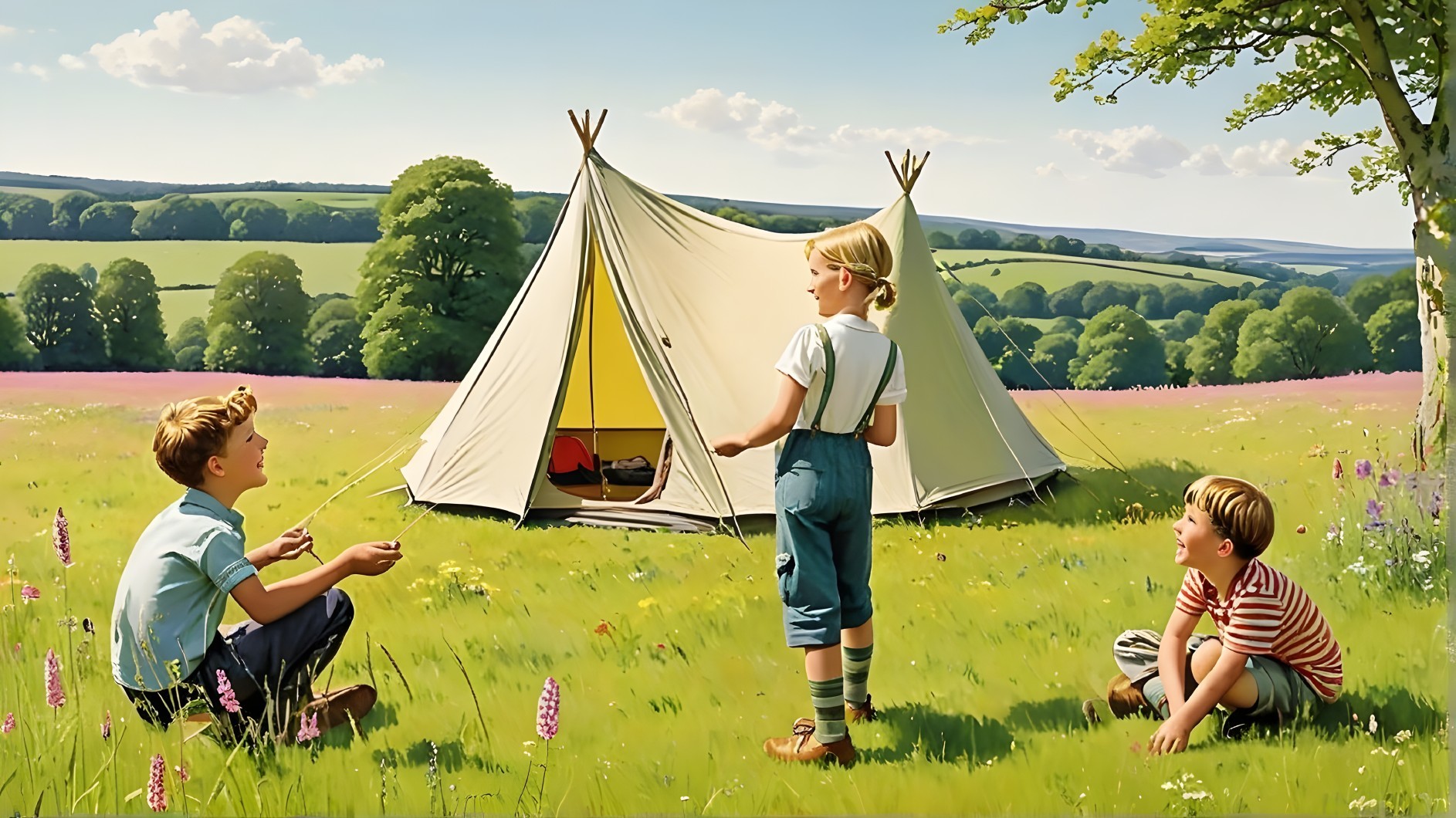 Children Playing in a Sunny Meadow with Tent