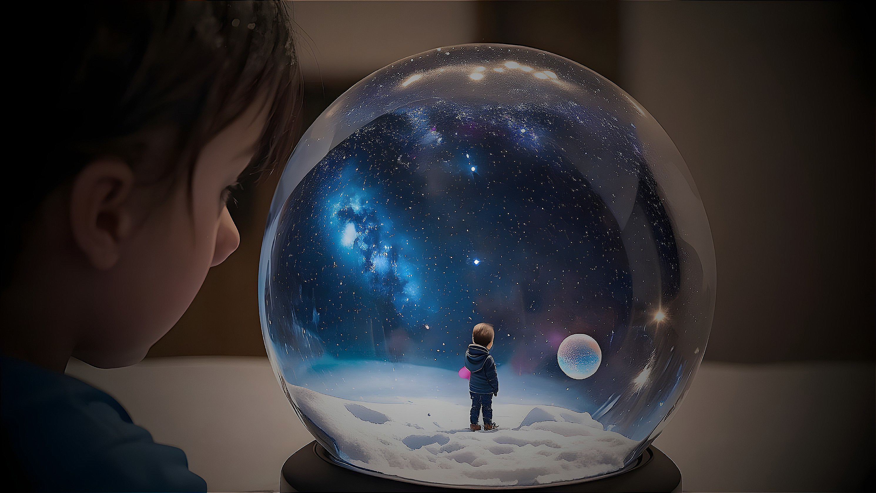 Child Observing Cosmic Scene in Snow Globe