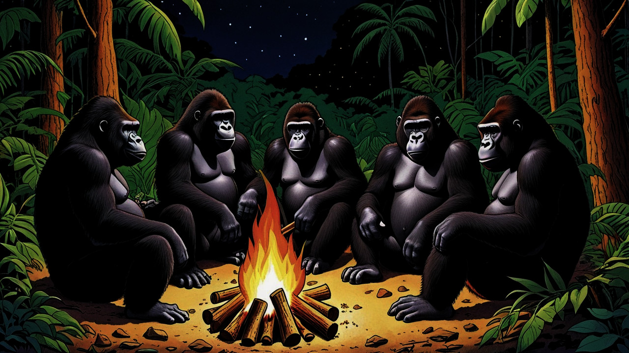 Gorillas Gather Around Campfire in Jungle at Night