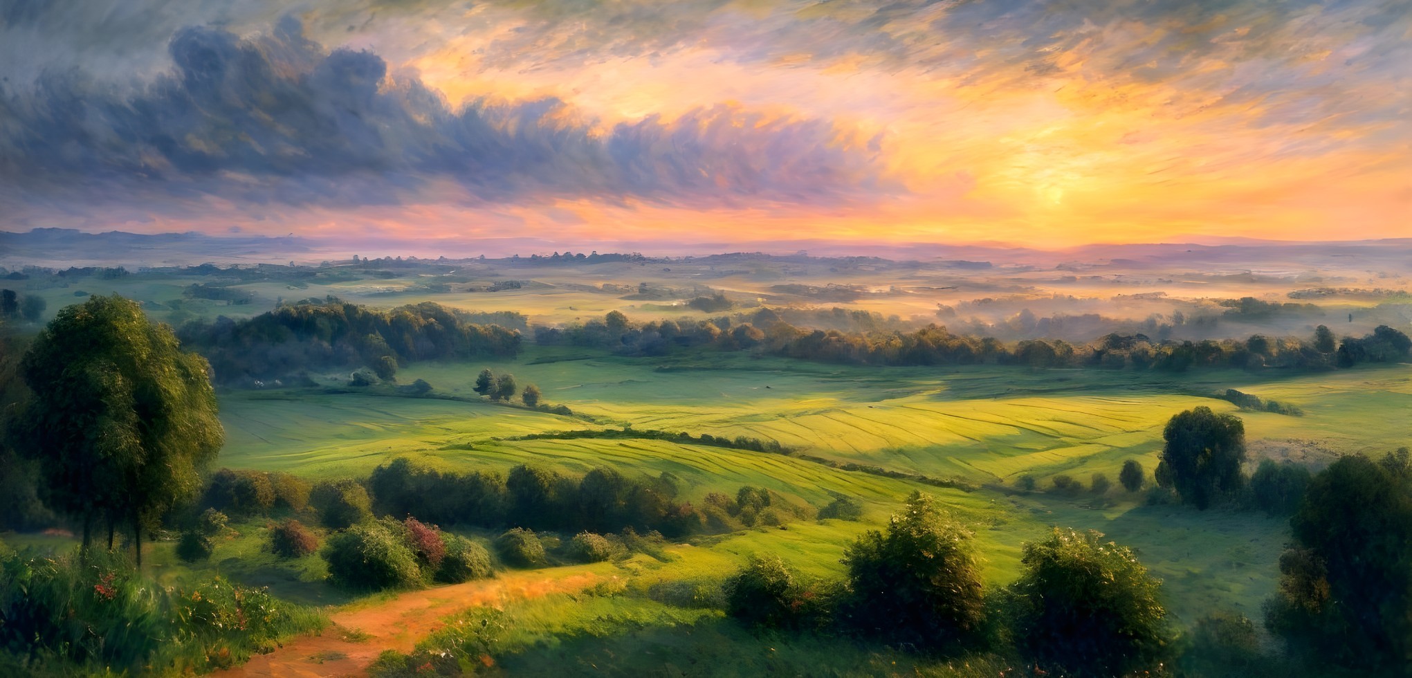 Dawn Landscape with Rolling Green Hills and Colorful Sky
