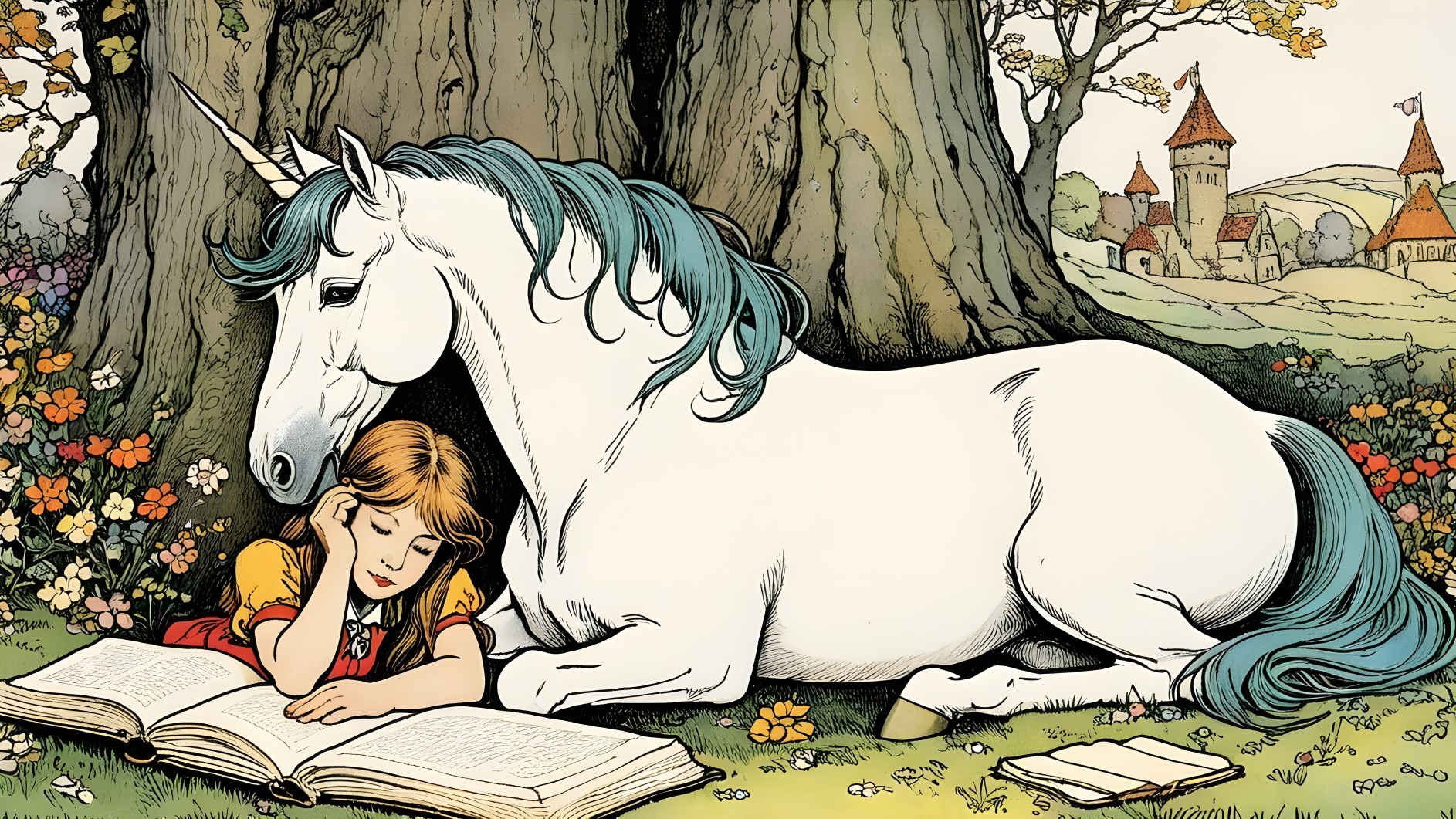Young girl and unicorn in a magical landscape scene