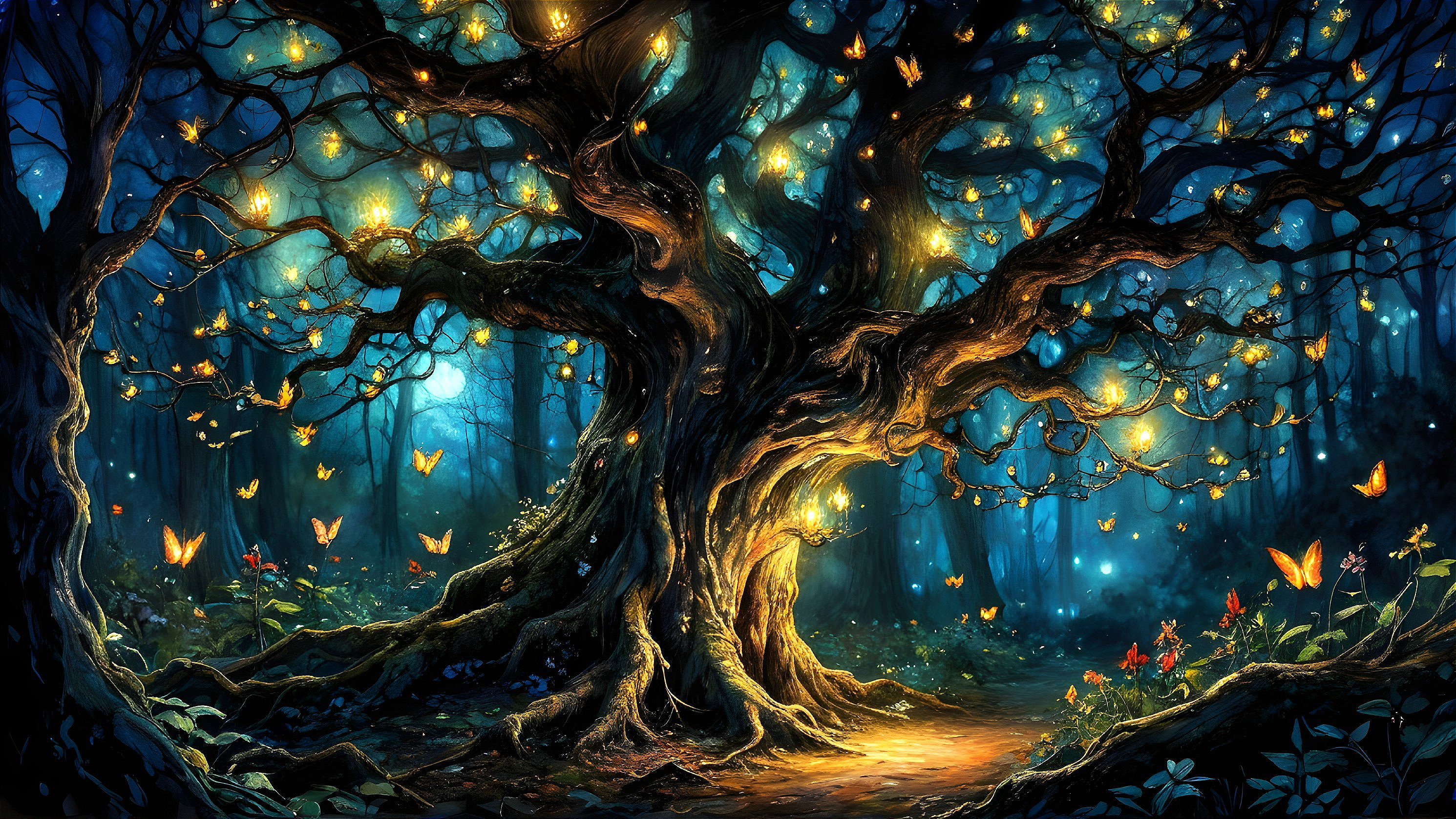 Ancient Tree with Golden Lights in a Mystical Forest
