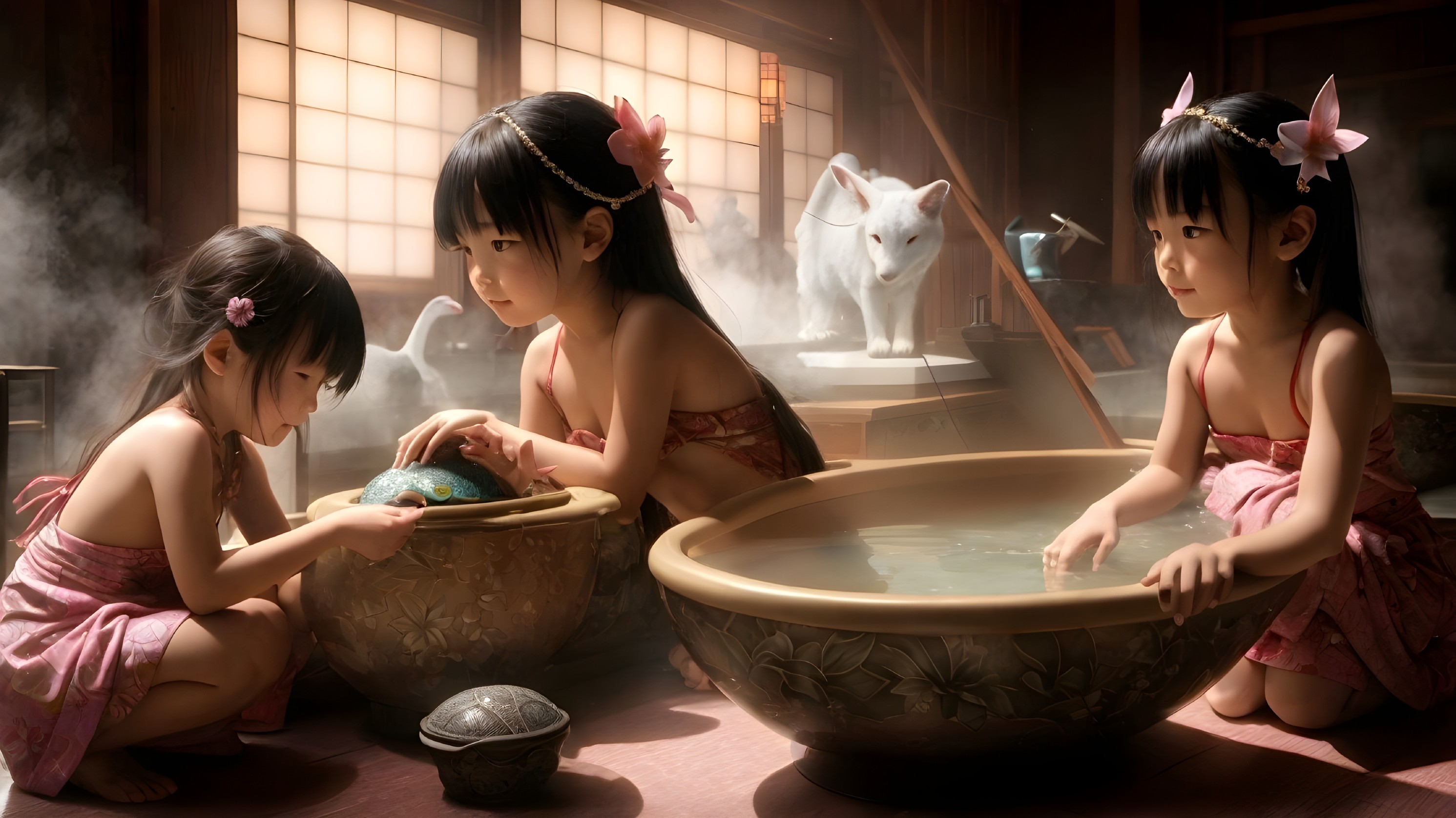 Young girls playing in a serene, warmly lit room