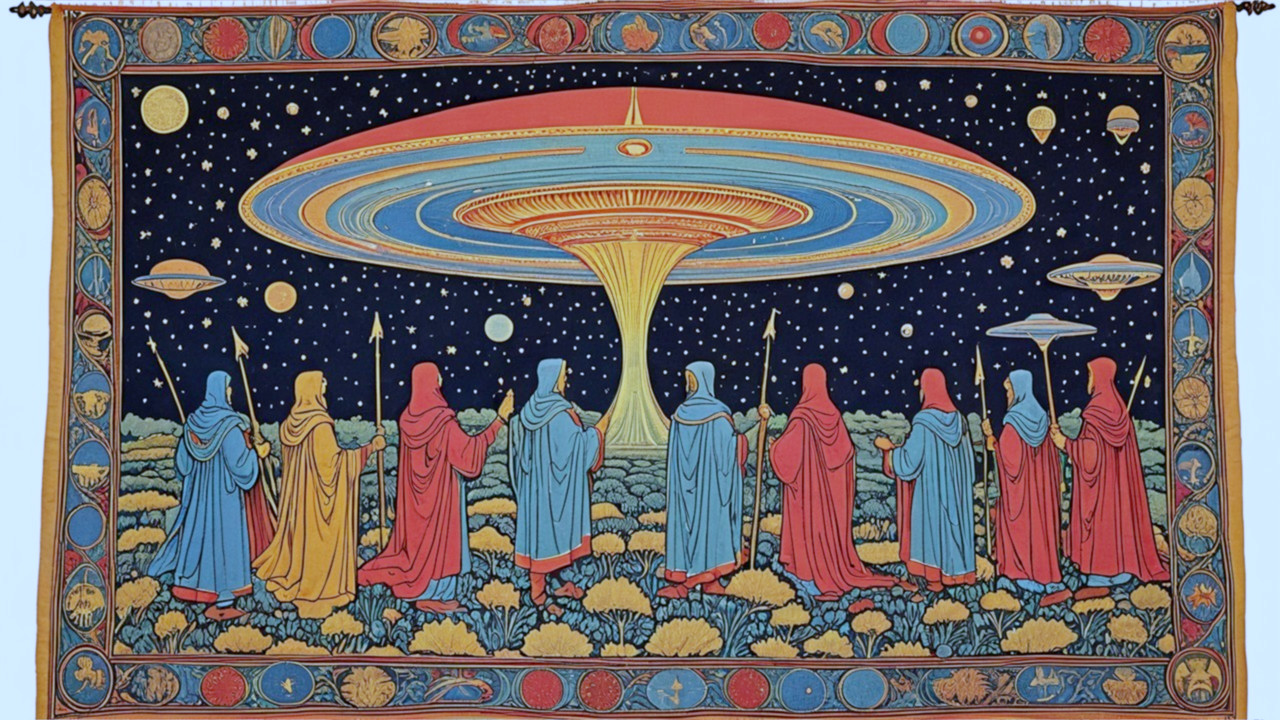 Cosmic Tapestry with Figures and Celestial Elements