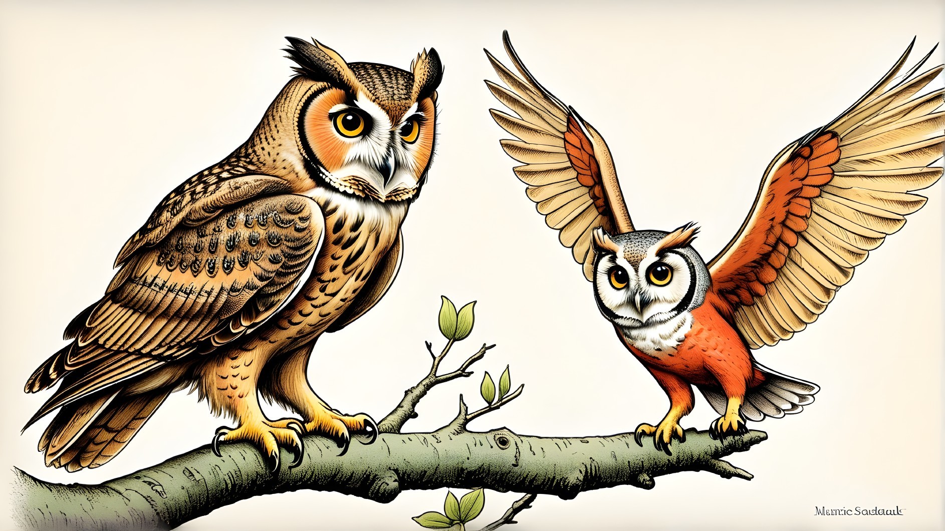 Owls Perched on Branch with Detailed Plumage Features